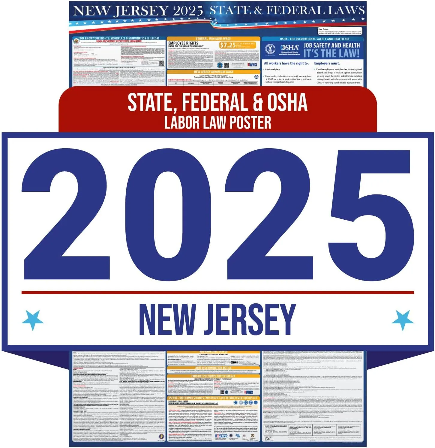 2024 New Jersey State and Federal Labor Laws Poster - OSHA Workplace Compliant Includes FLSA FMLA and EEOC Updates - All in One Required Compliance Posting 16" x 40" - Laminated (1 Pack Poster)