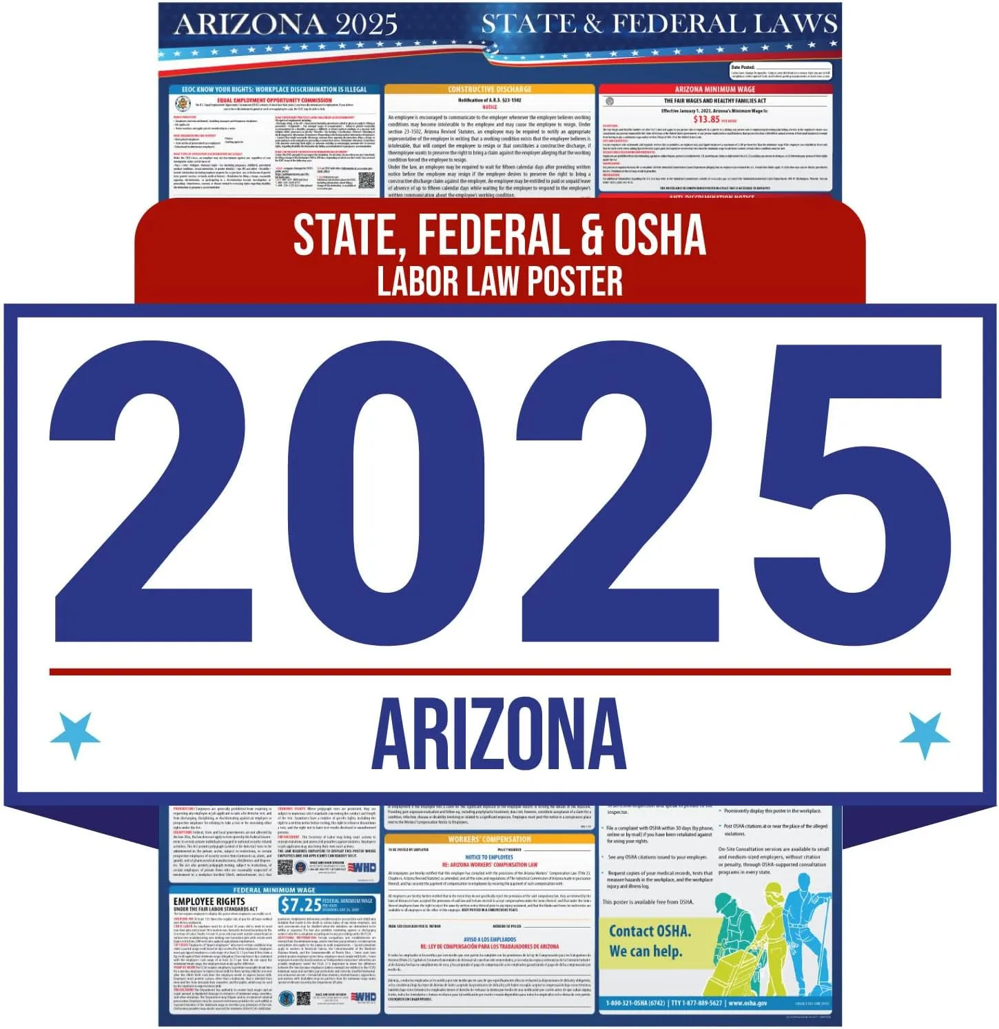 2025 Arizona State and Federal Labor Law Poster - OSHA Workplace Compliant - Mandatory Regulations Posting for Employees - All in One Required Compliance Posting 16" x 40" - Laminated (English)