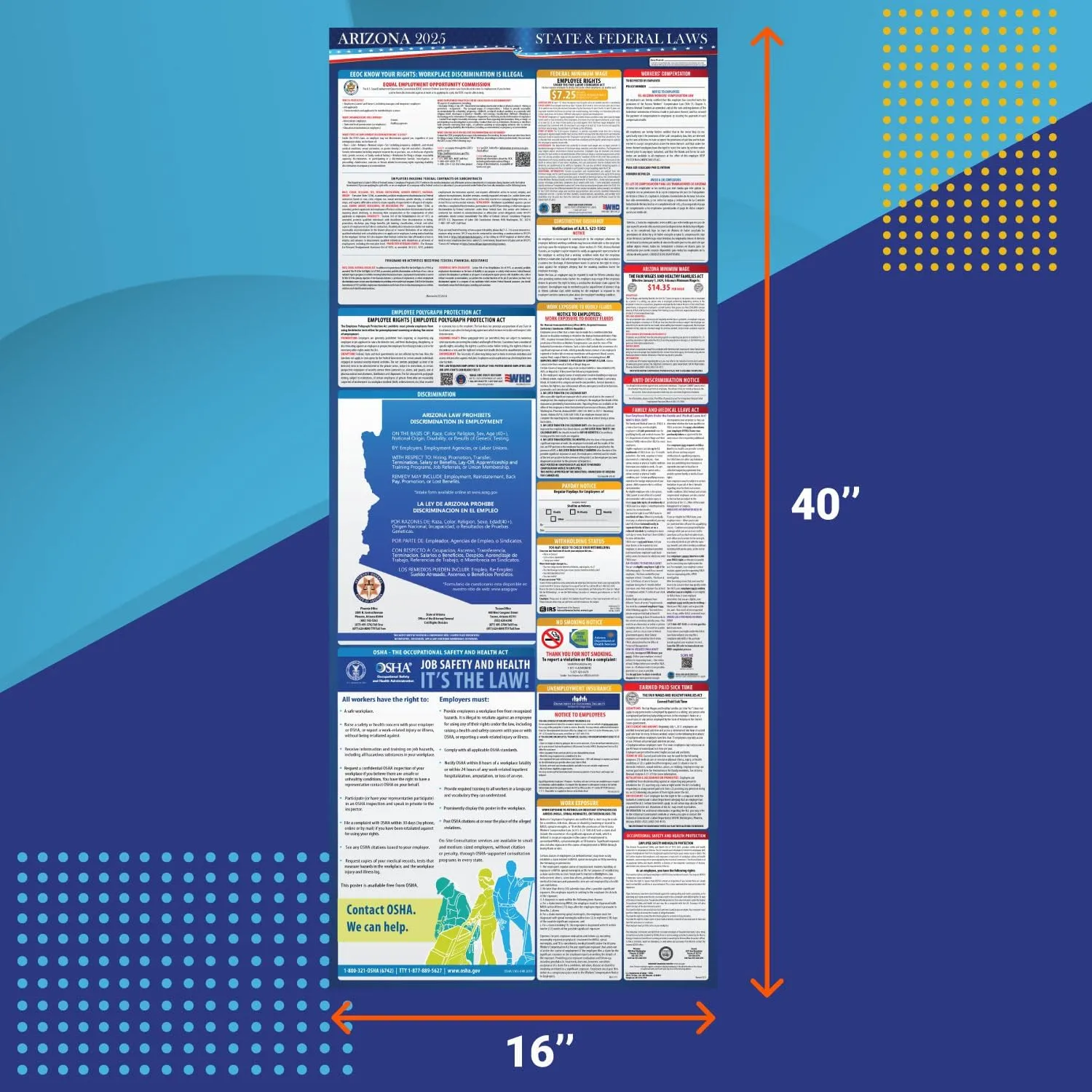 2025 Arizona State and Federal Labor Law Poster - OSHA Workplace Compliant - Mandatory Regulations Posting for Employees - All in One Required Compliance Posting 16" x 40" - Laminated (English)