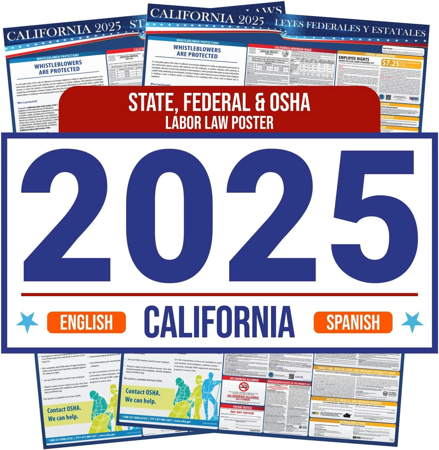 2025 California State and Federal Labor Law Poster - English Spanish Combo - OSHA Workplace Compliant - All-In-One Required Compliance Mandatory Regulations Posting for Employees 16" x 40" Laminated (English Spanish Combo)