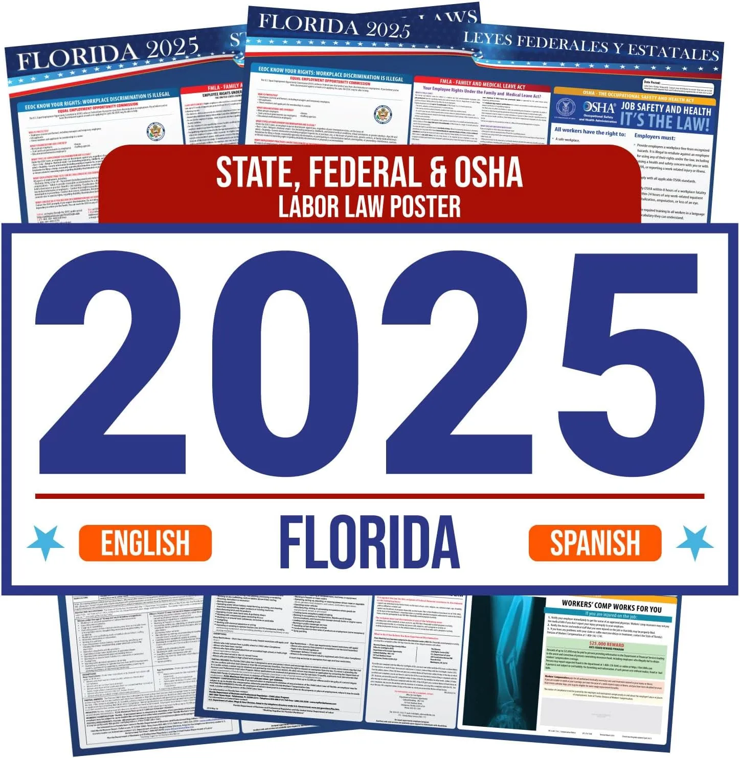 2025 Florida State and Federal Labor Law Poster - English Spanish Combo - OSHA Workplace Compliant - Mandatory Regulations Posting for Employees - All in One Required Compliance Posting 16" x 40" Laminated (English Spanish Combo)