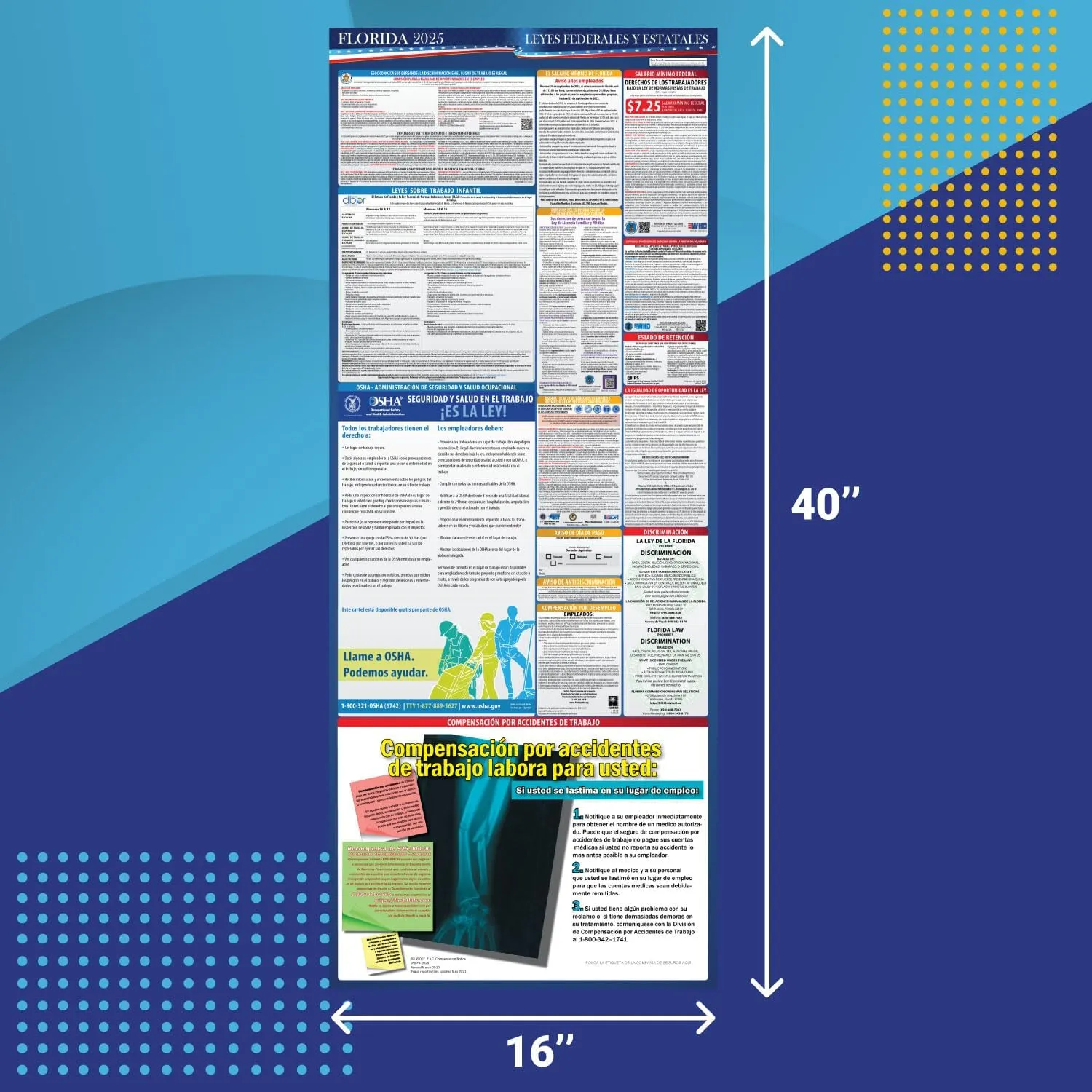 2025 Florida State and Federal Labor Law Poster - English Spanish Combo - OSHA Workplace Compliant - Mandatory Regulations Posting for Employees - All in One Required Compliance Posting 16" x 40" Laminated (English Spanish Combo)