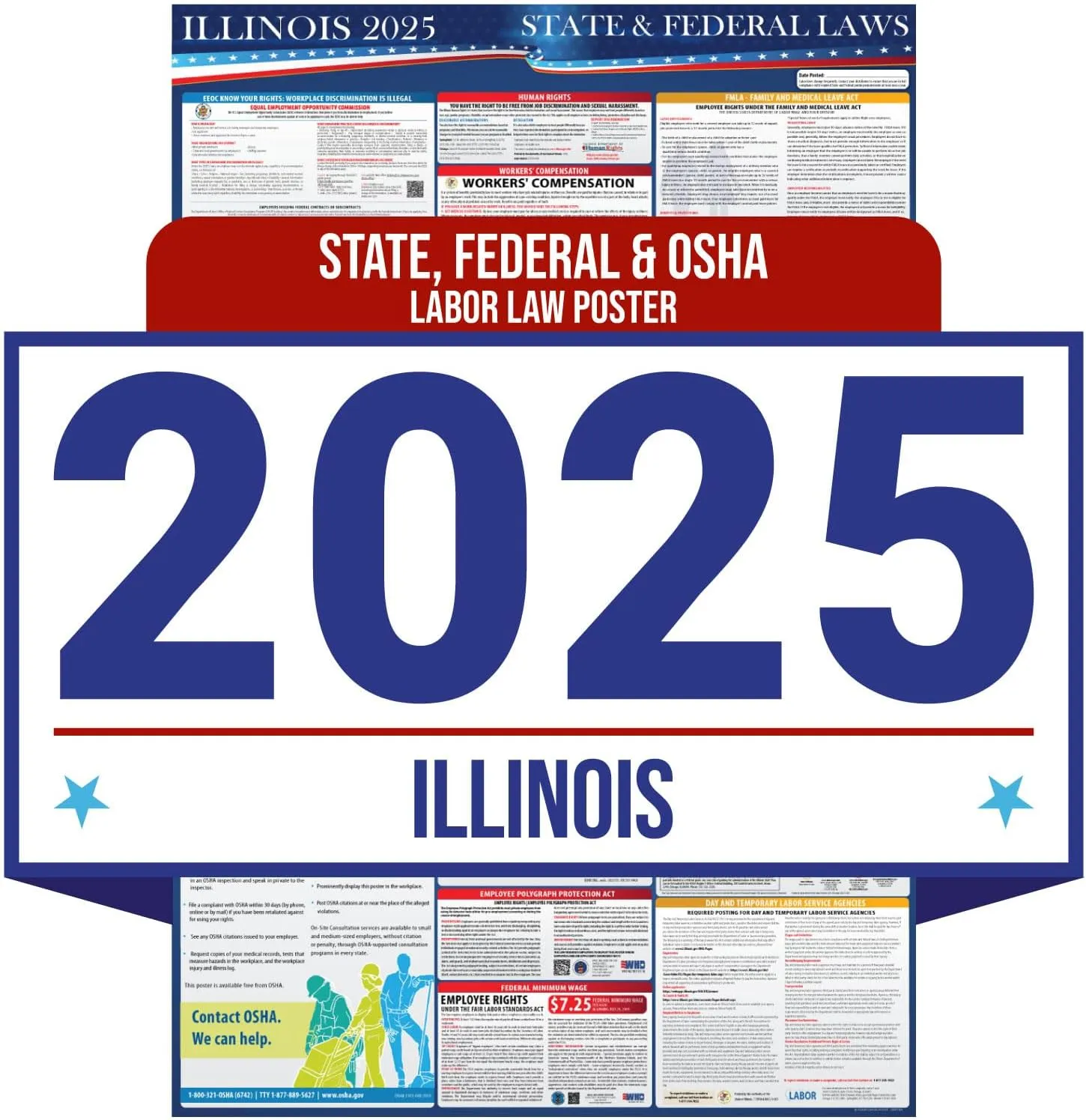 2025 Illinois State and Federal Labor Law Poster - OSHA Workplace Compliant - Mandatory Regulations Posting for Employees - All-in-One Required Compliance Posting 16" x 40" Laminated (English)