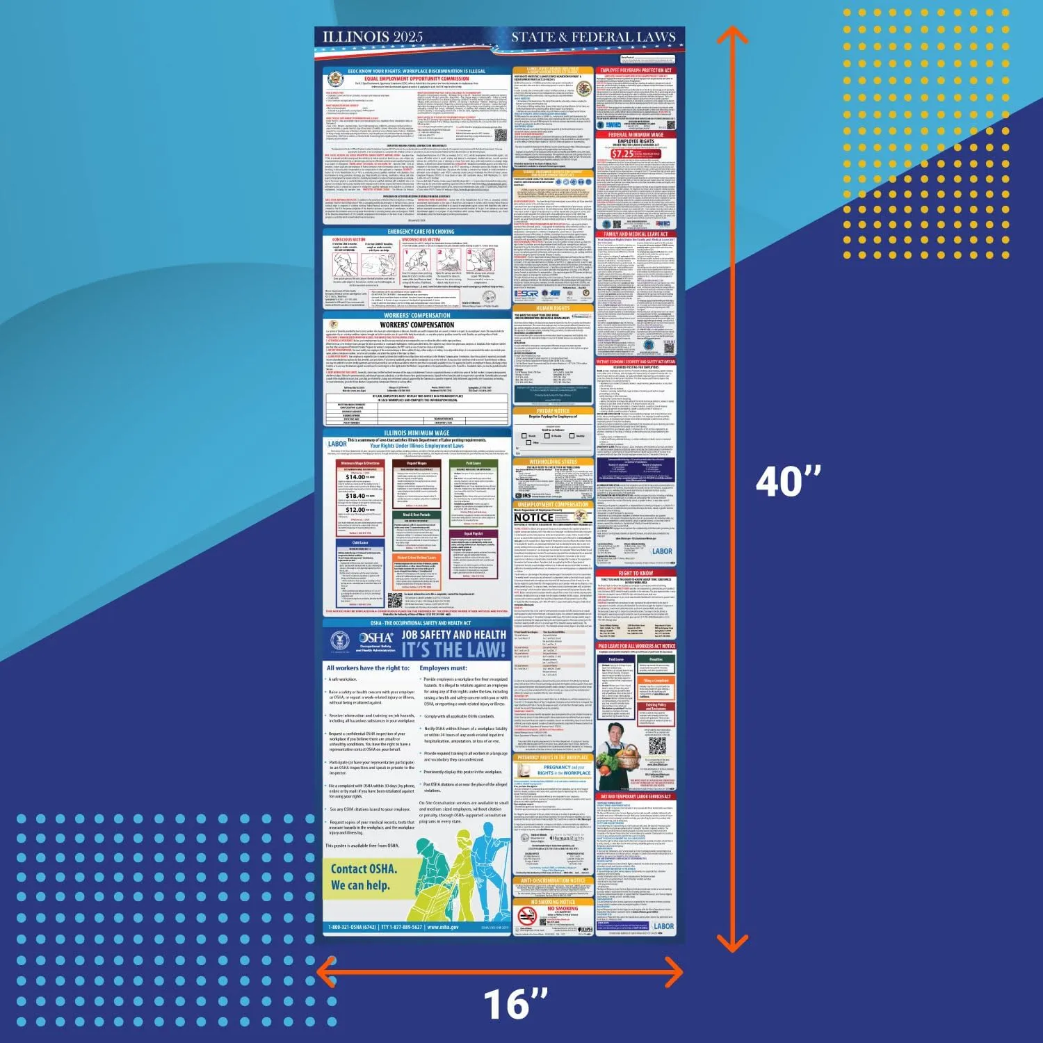 2025 Illinois State and Federal Labor Law Poster - OSHA Workplace Compliant - Mandatory Regulations Posting for Employees - All-in-One Required Compliance Posting 16" x 40" Laminated (English)