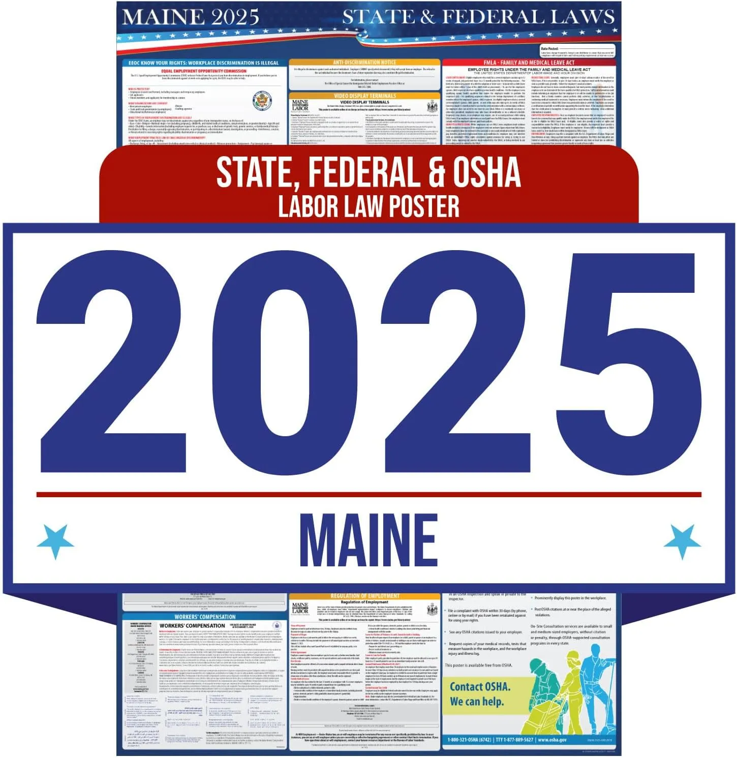 2025 Maine State and Federal Labor Law Poster - OSHA Workplace Compliant - Mandatory Regulations Posting for Employees - All in One Required Compliance Posting 16" x 40" - Laminated (English)