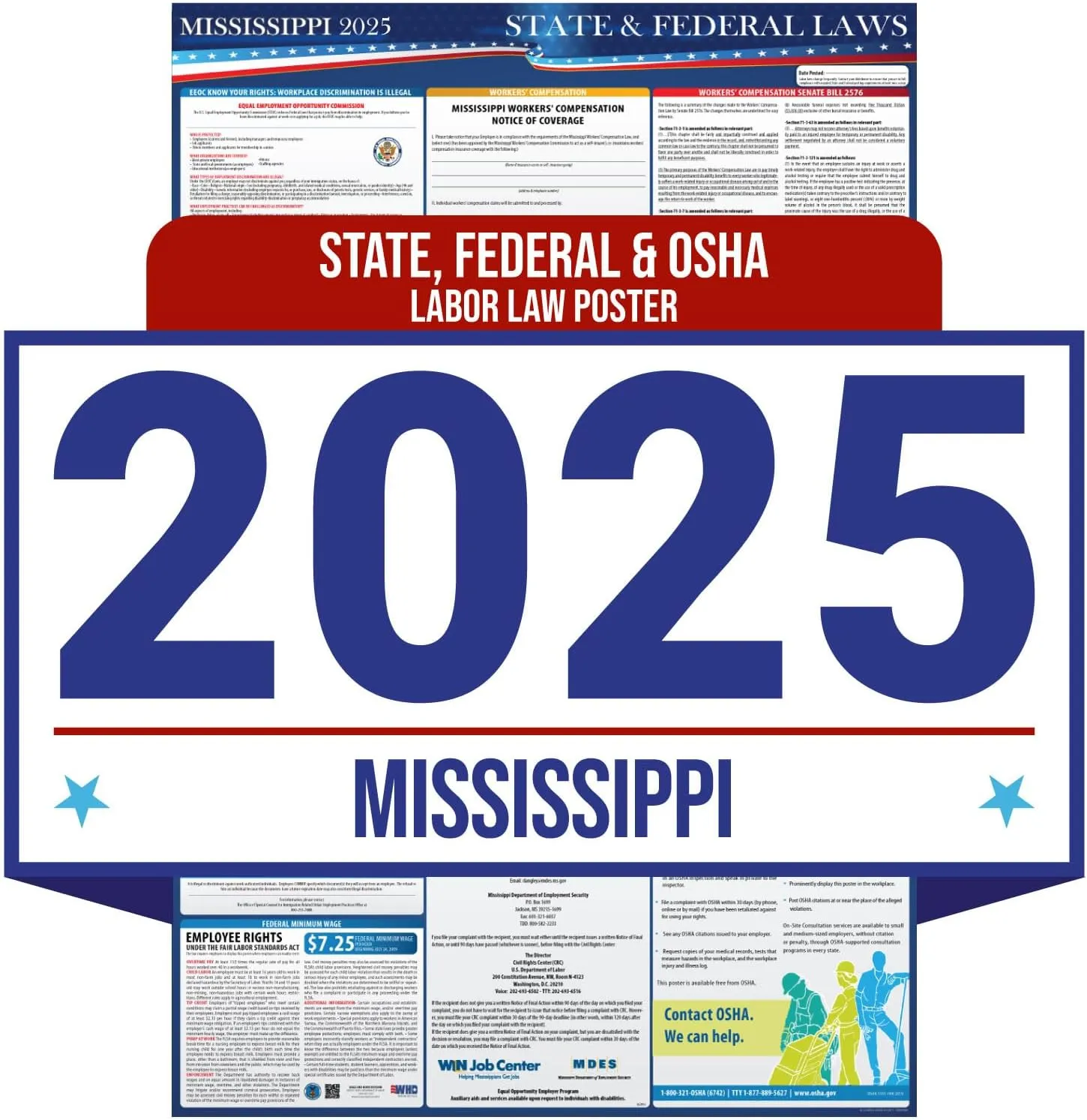 2025 Mississippi State and Federal Labor Law Poster - OSHA Workplace Compliant - Mandatory Regulations Posting for Employees - All in One Required Compliance Posting 16" x 40" - Laminated
