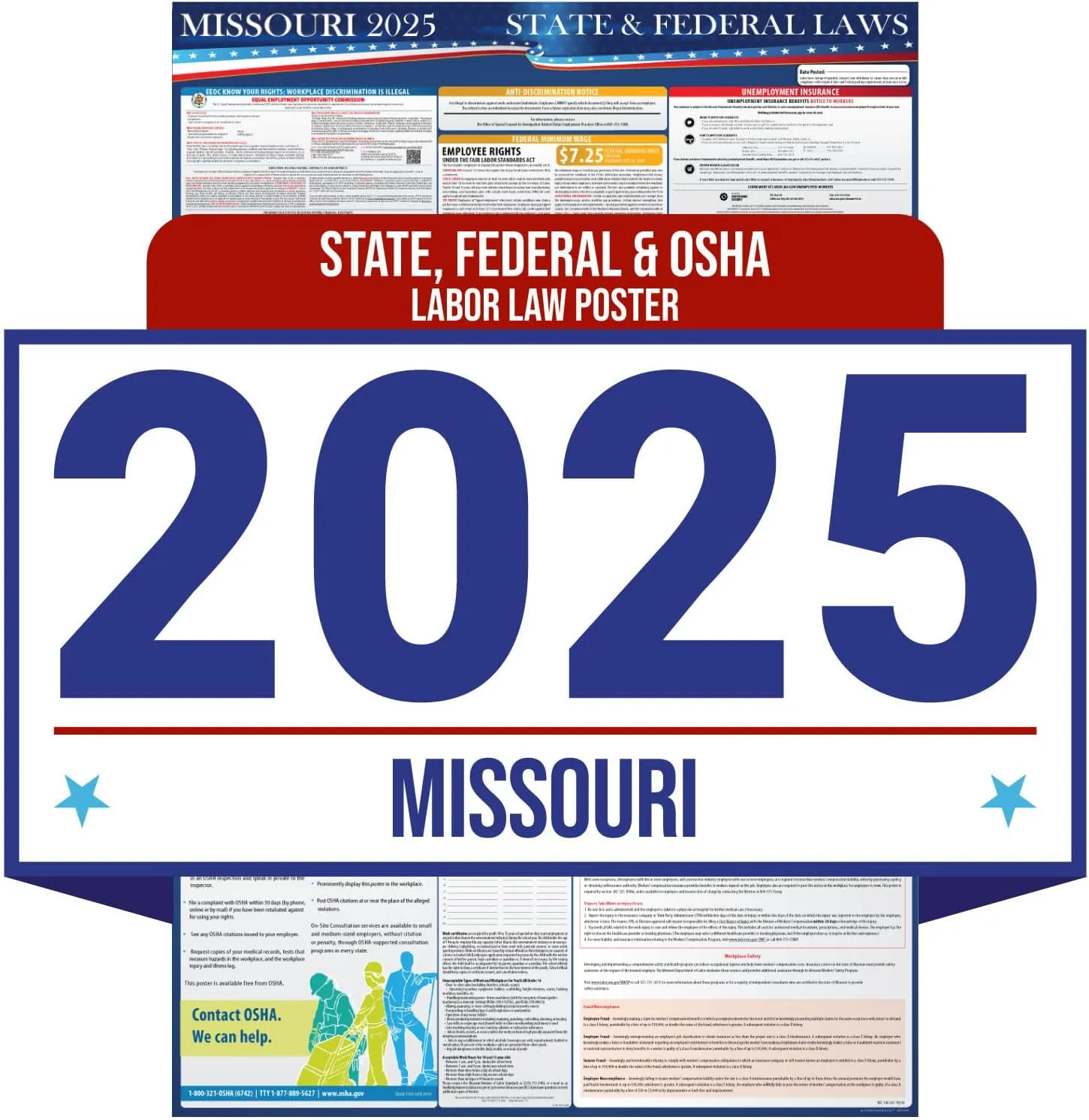 2025 Missouri State and Federal Labor Law Poster - OSHA Workplace Compliant - Mandatory Regulations Posting for Employees - All-in-One Required Compliance Posting 16" x 40" - Laminated (English)