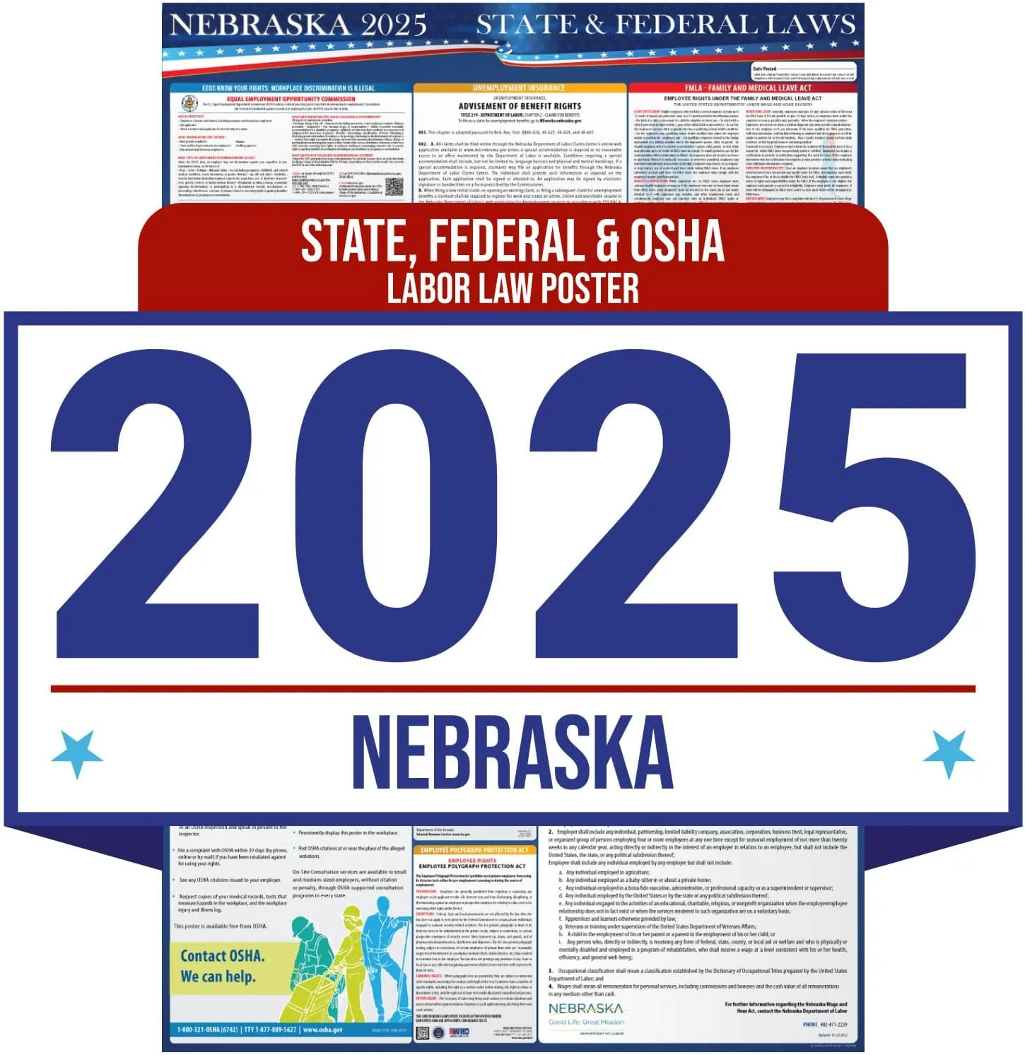 2025 Nebraska State and Federal Labor Law Poster - OSHA Workplace Compliant - Mandatory Regulations Posting for Employees - All in One Required Compliance Posting 16" x 40" - Laminated