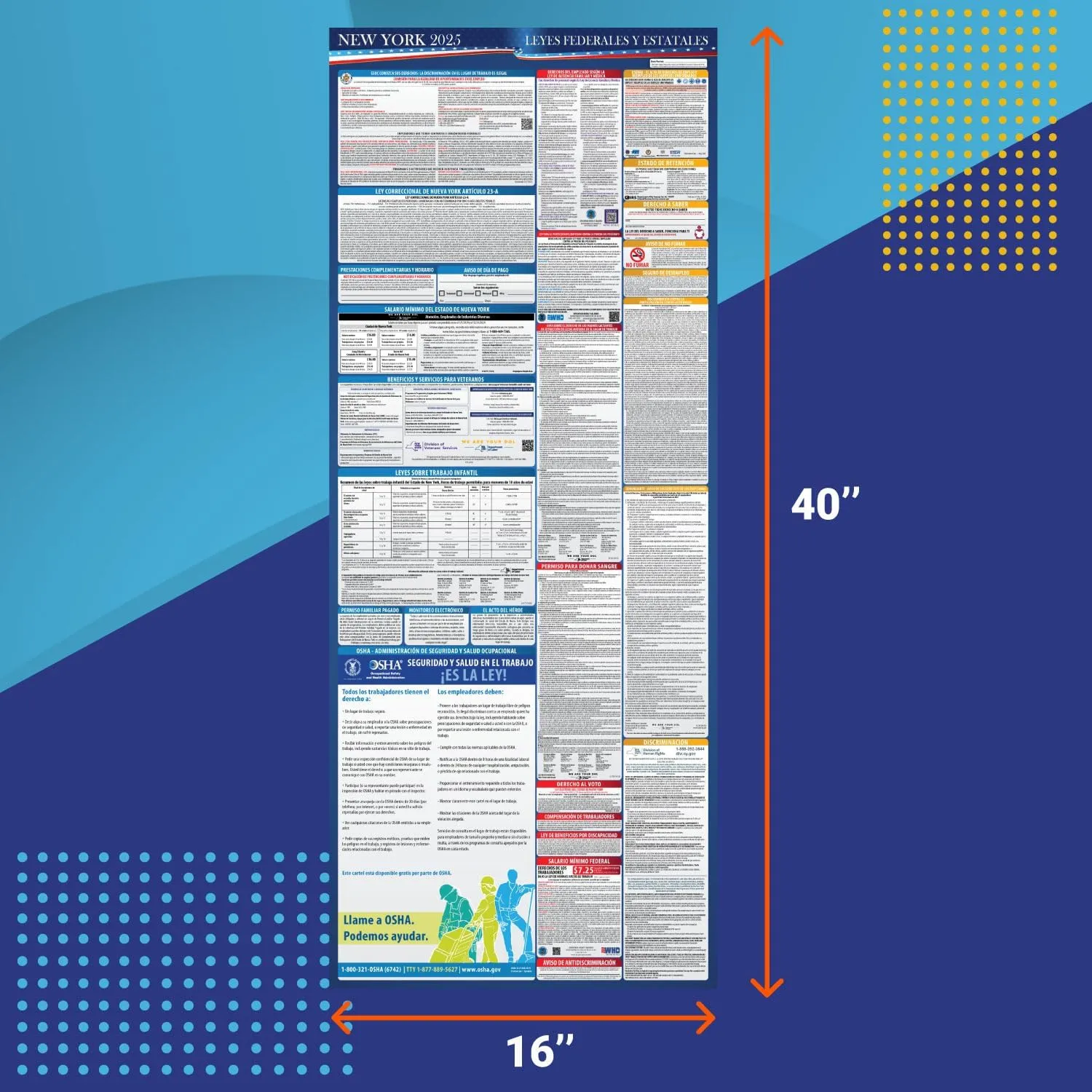 2025 New York State and Federal Labor Law Poster - Spanish Version - OSHA Workplace Compliant - Mandatory Regulations Posting for Employees - All in One Required Compliance Posting 16" x 40" Laminated (Spanish)