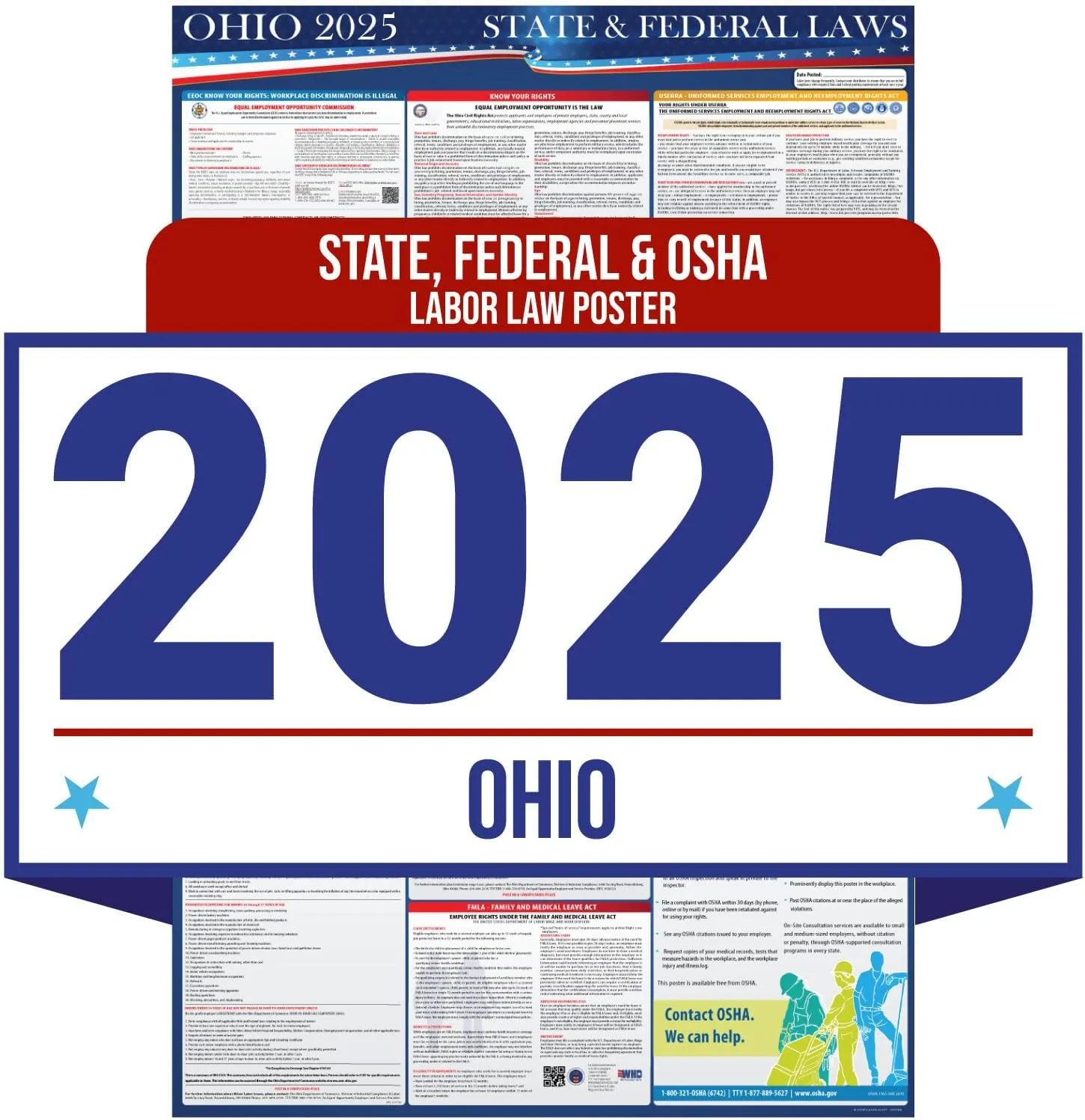 2025 Ohio State and Federal Labor Law Poster - OSHA Workplace Compliant - Mandatory Regulations Posting for Employees - All in One Required Compliance Posting 16" x 40" - Laminated