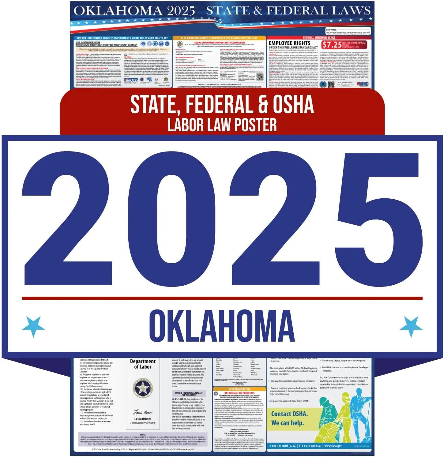 2025 Oklahoma State and Federal Labor Law Poster - OSHA Workplace Compliant - Mandatory Regulations Posting for Employees - All in One Required Compliance Posting 16" x 40" - Laminated (English)