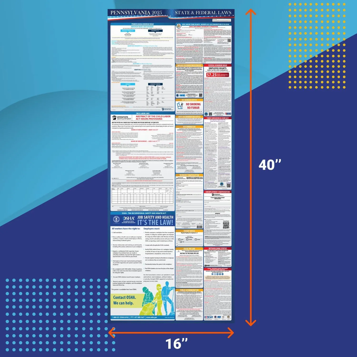 2025 Pennsylvania State and Federal Labor Laws Poster - OSHA Workplace Compliant - Mandatory Regulations Posting for Employees - All in One Required Compliance Posting 16" x 40" - Laminated