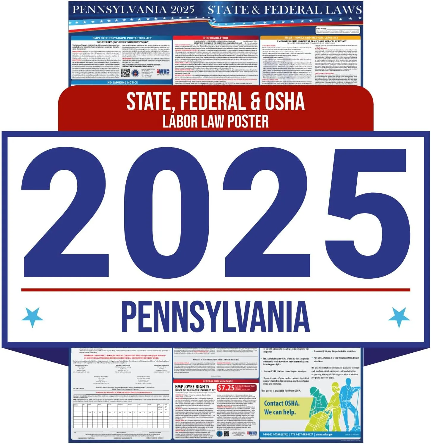2025 Pennsylvania State and Federal Labor Laws Poster - OSHA Workplace Compliant - Mandatory Regulations Posting for Employees - All in One Required Compliance Posting 16" x 40" - Laminated