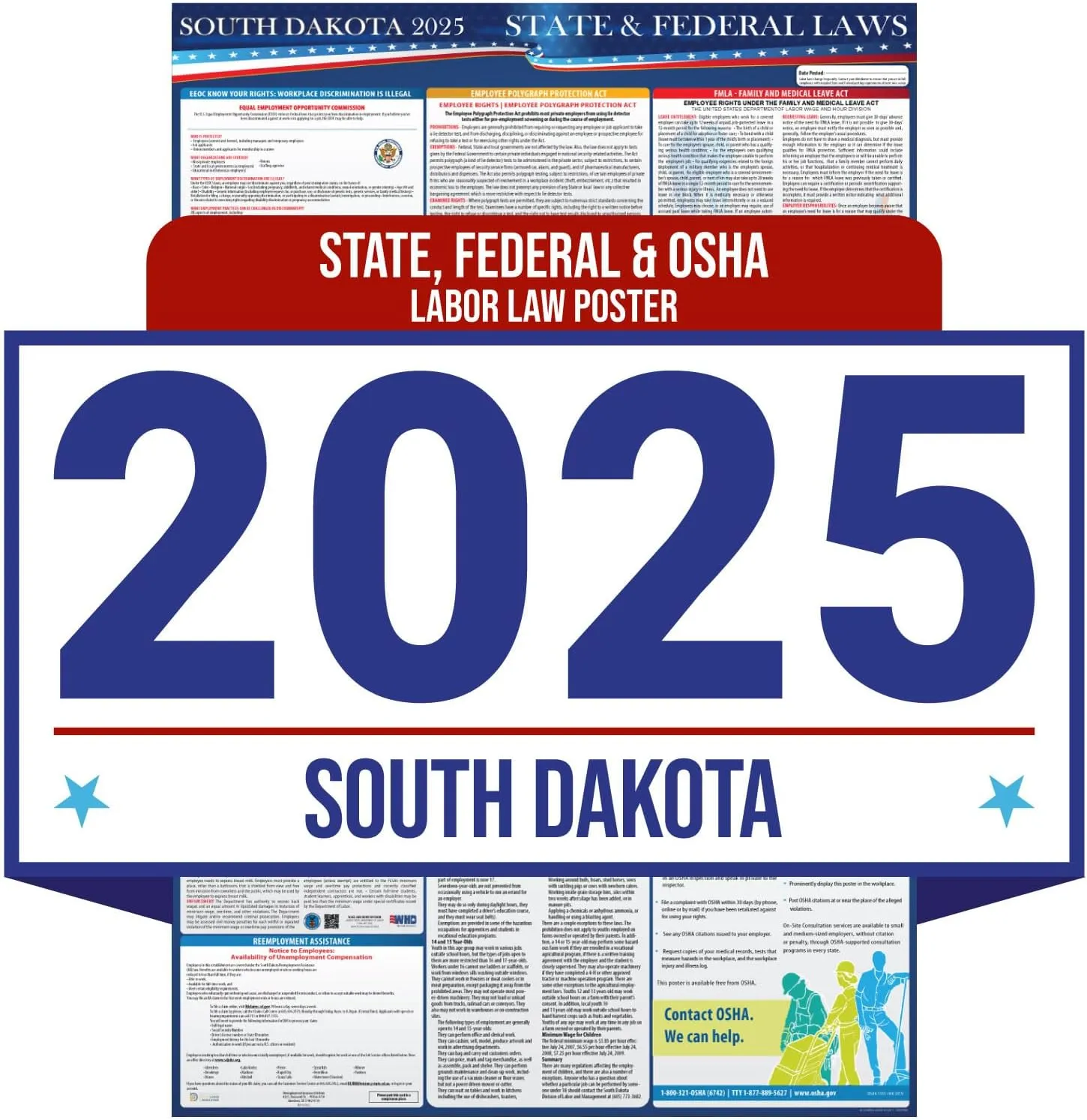 2025 South Dakota State and Federal Labor Law Poster - OSHA Workplace Compliant - Mandatory Regulations Posting for Employees - All in One Required Compliance Posting 16" x 40" - Laminated (English)