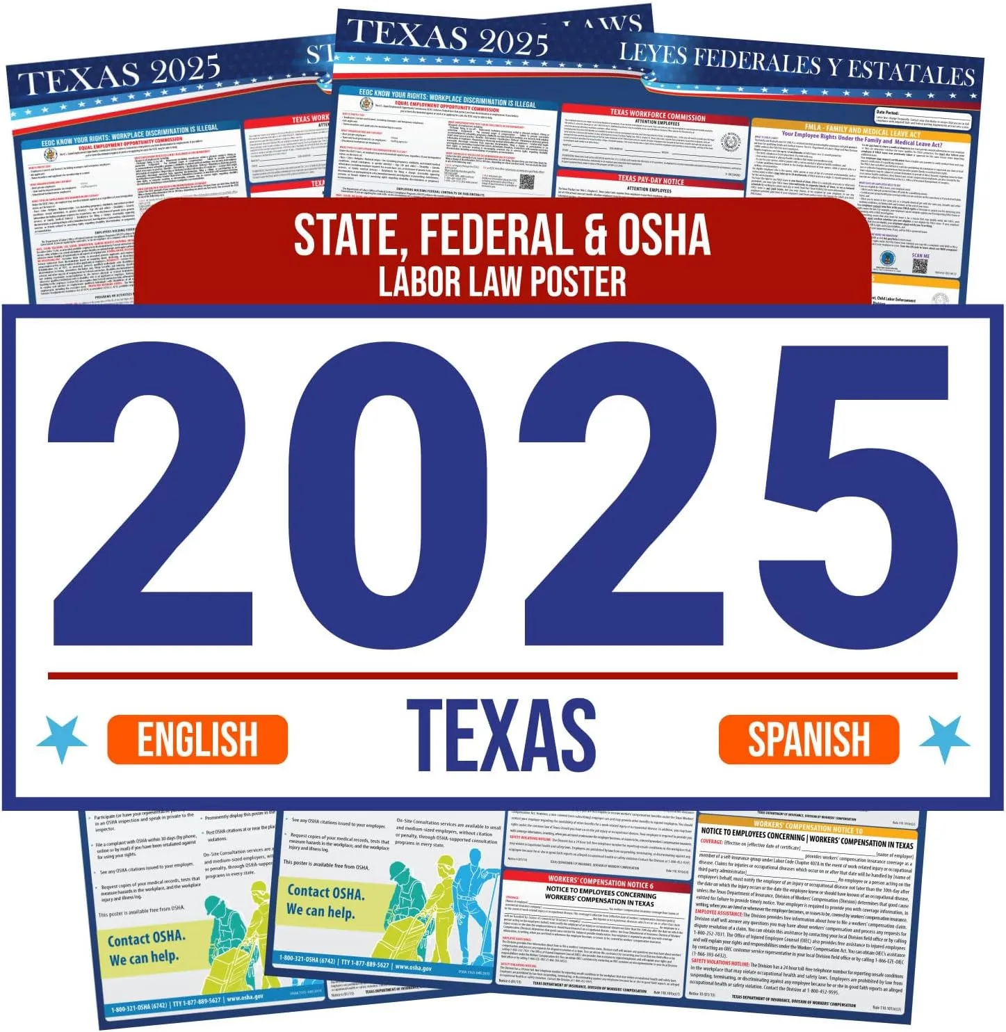2025 Texas State and Federal Labor Law Poster - English Spanish Combo - OSHA Workplace Compliant - Mandatory Regulations Required Compliance Posting for Employees - 16" x 40" - Laminated (Combo)