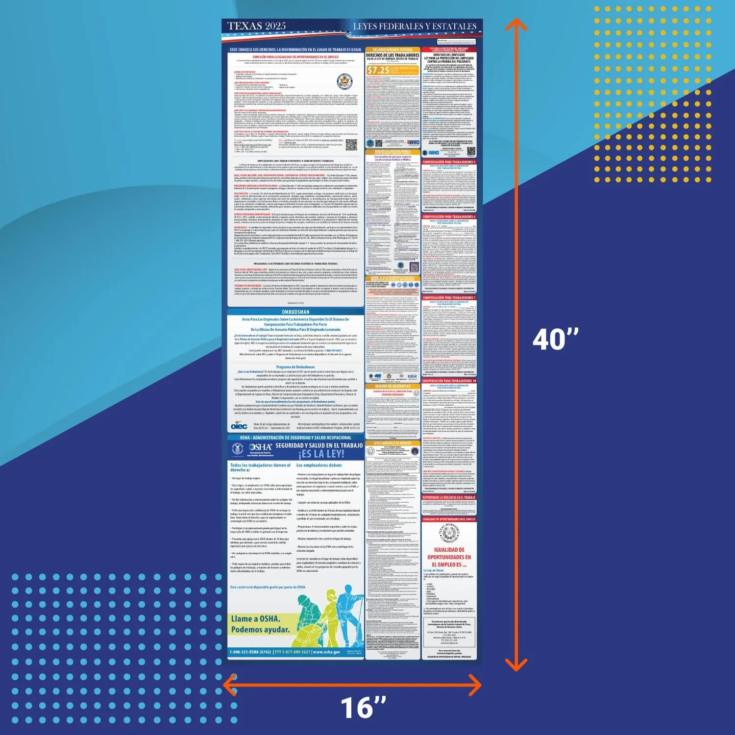 2025 Texas State and Federal Labor Law Poster - English Spanish Combo - OSHA Workplace Compliant - Mandatory Regulations Required Compliance Posting for Employees - 16" x 40" - Laminated (Combo)