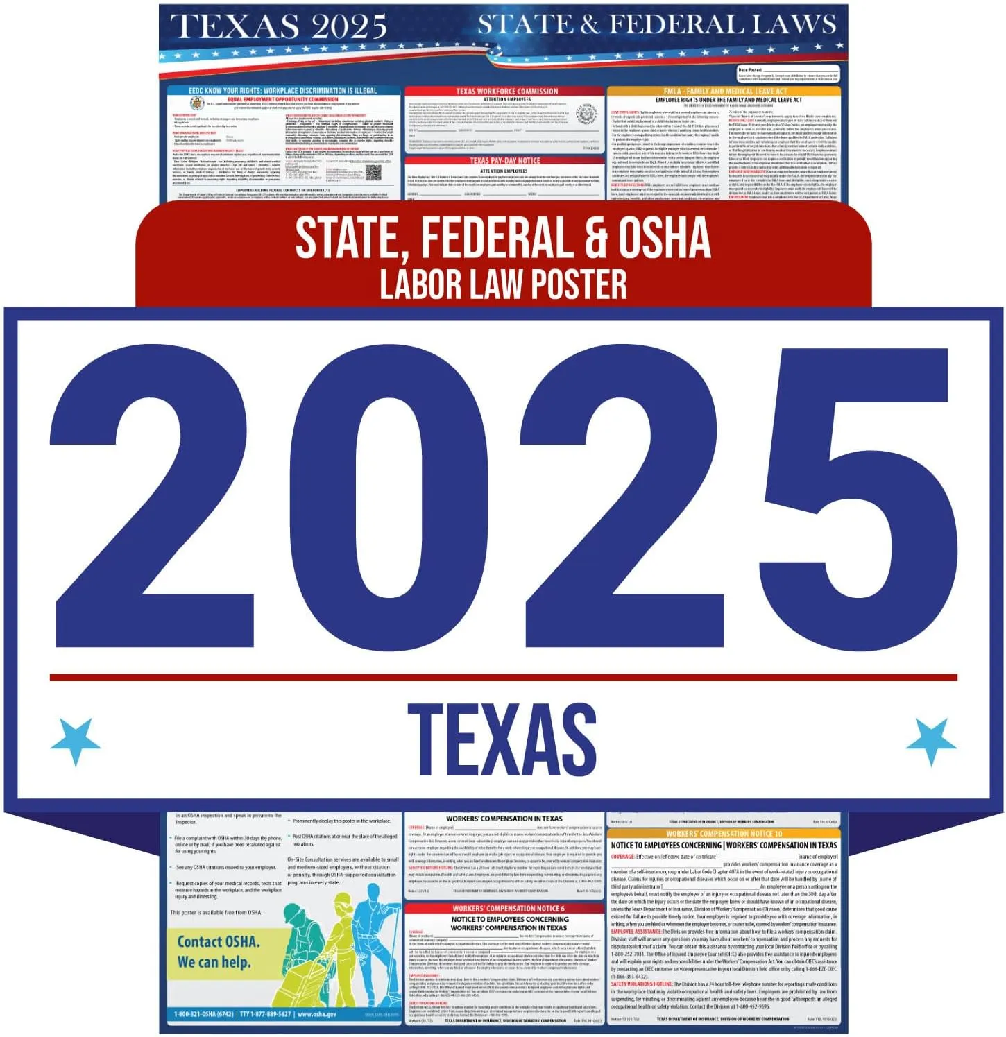 2025 Texas State and Federal Labor Law Poster - OSHA Workplace Compliant - Mandatory Regulations Posting for Employees - All in One Required Compliance Posting 16" x 40" - Laminated (English)