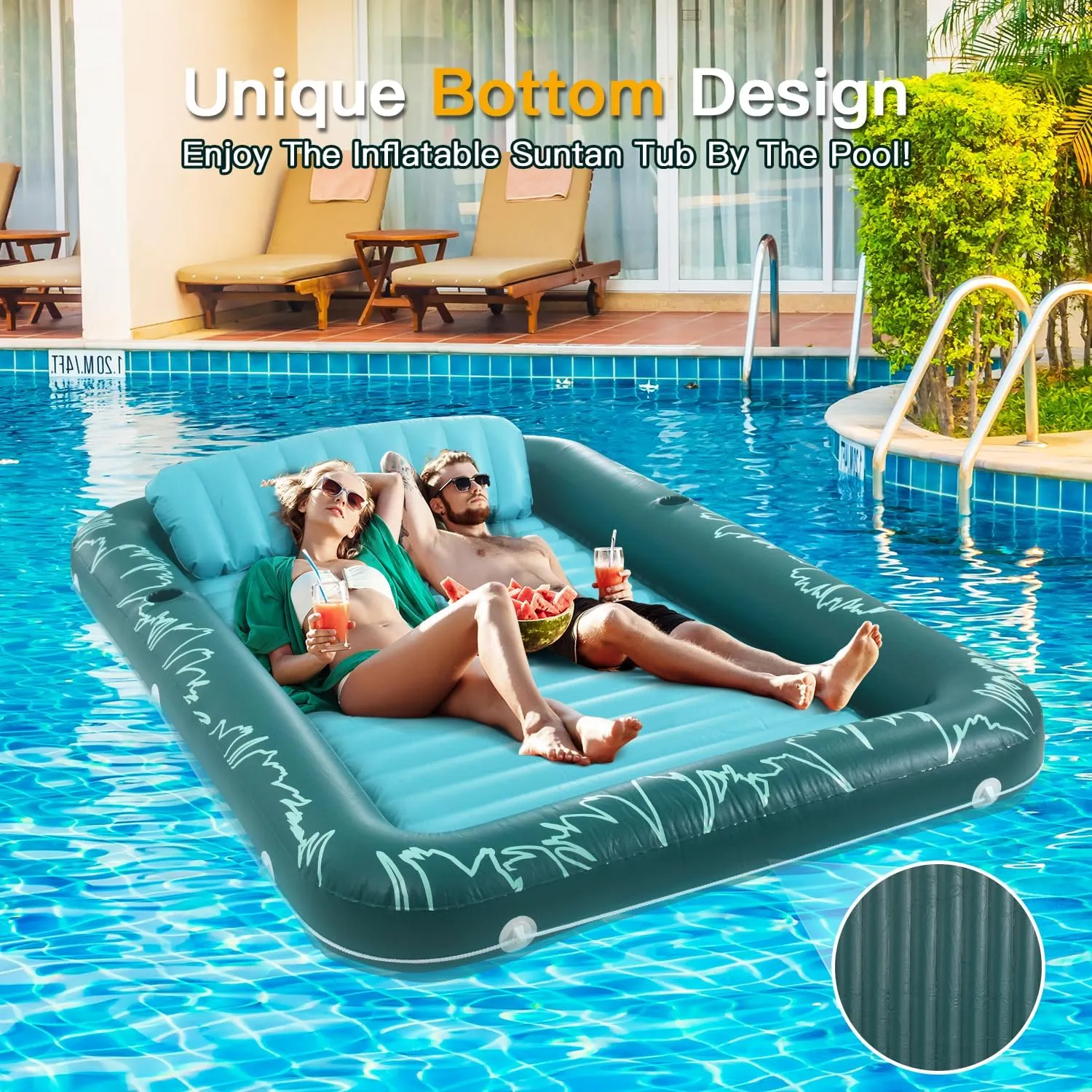 2025 Upgrade 73"*46" Inflatable Tanning Pool Lounger Float for Adults - Blow up Pool & Lake floaties Sunbathing Tub with Pillow and Drink Holders for Backyard Beach Summer Water Party