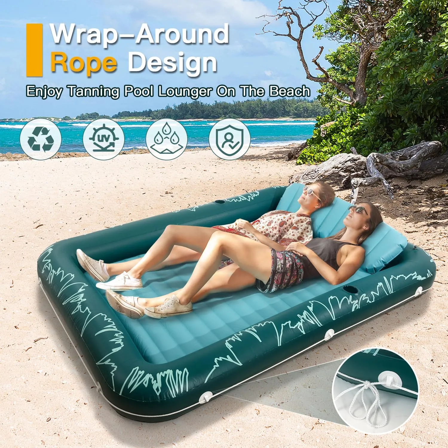 2025 Upgrade 73"*46" Inflatable Tanning Pool Lounger Float for Adults - Blow up Pool & Lake floaties Sunbathing Tub with Pillow and Drink Holders for Backyard Beach Summer Water Party