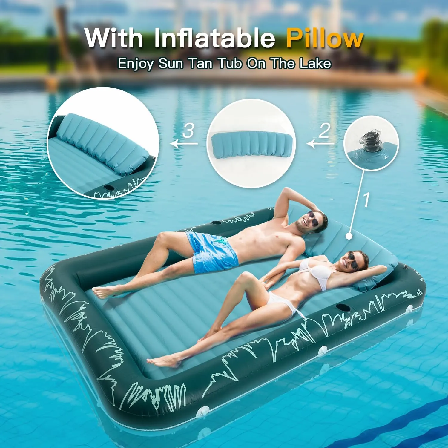 2025 Upgrade 73"*46" Inflatable Tanning Pool Lounger Float for Adults - Blow up Pool & Lake floaties Sunbathing Tub with Pillow and Drink Holders for Backyard Beach Summer Water Party