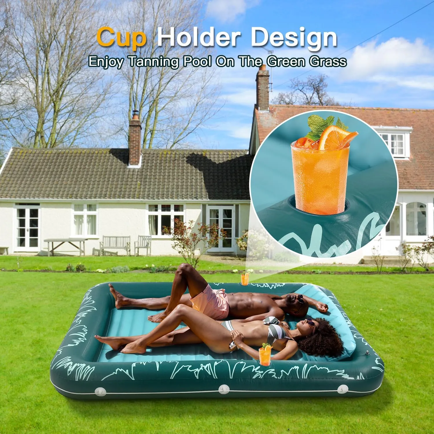 2025 Upgrade 73"*46" Inflatable Tanning Pool Lounger Float for Adults - Blow up Pool & Lake floaties Sunbathing Tub with Pillow and Drink Holders for Backyard Beach Summer Water Party