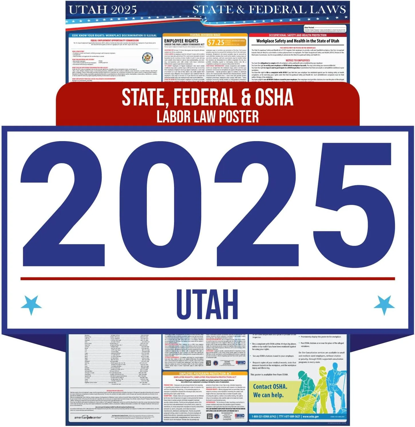2025 Utah State and Federal Labor Law Poster - OSHA Workplace Compliant - Mandatory Regulations Posting for Employees - All in One Required Compliance Posting 16" x 40" - Laminated (English)