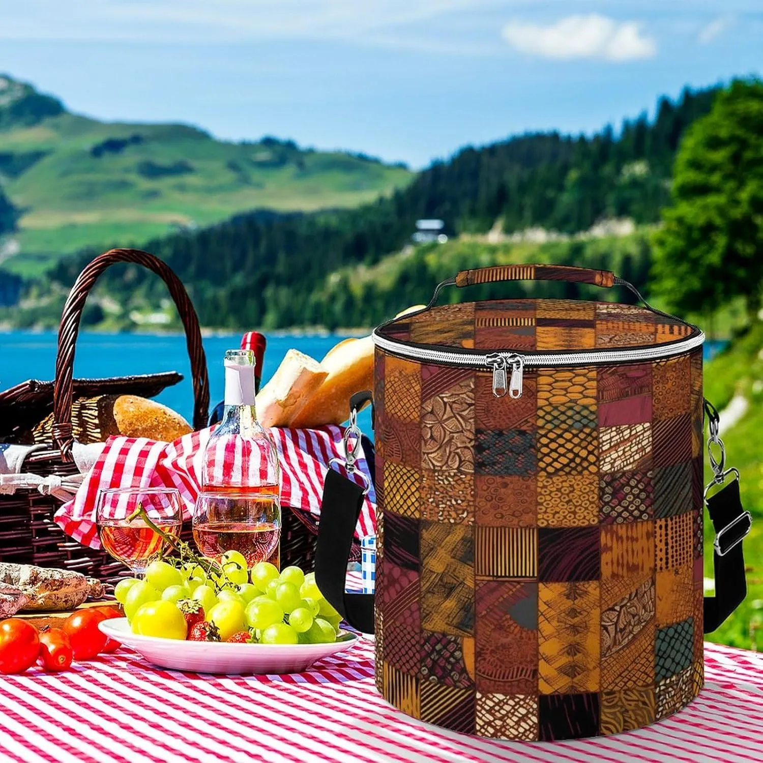 24 Cans Collapsible Soft Cooler Bag,African Style Patchwork Large Leakproof Camping Cooler,Portable Travel Cooler for Picnic, Camping, Beach, Trip