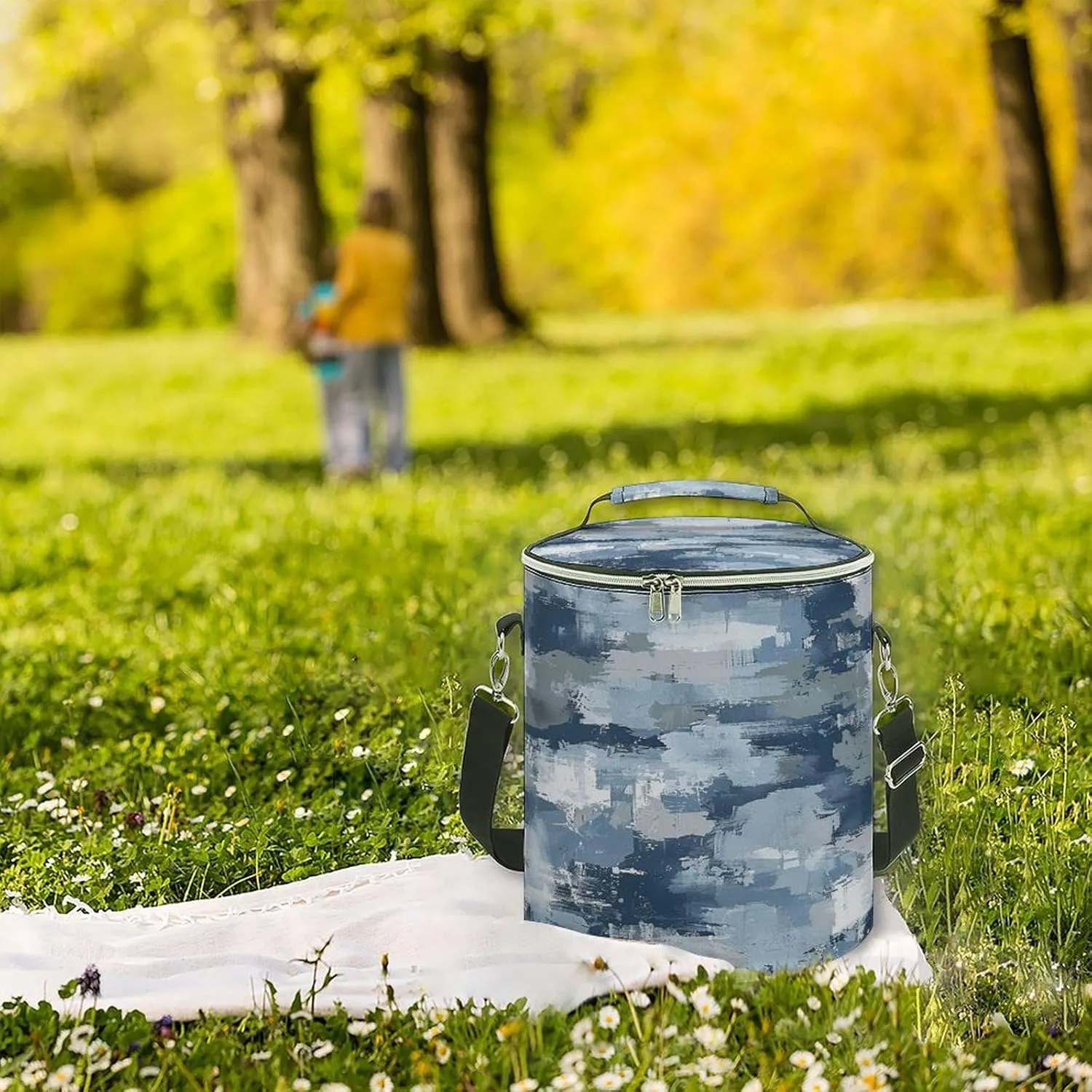 24 Cans Collapsible Soft Cooler Bag,Blue And Gray Pattern Large Leakproof Camping Cooler,Portable Travel Cooler for Picnic, Camping, Beach, Trip