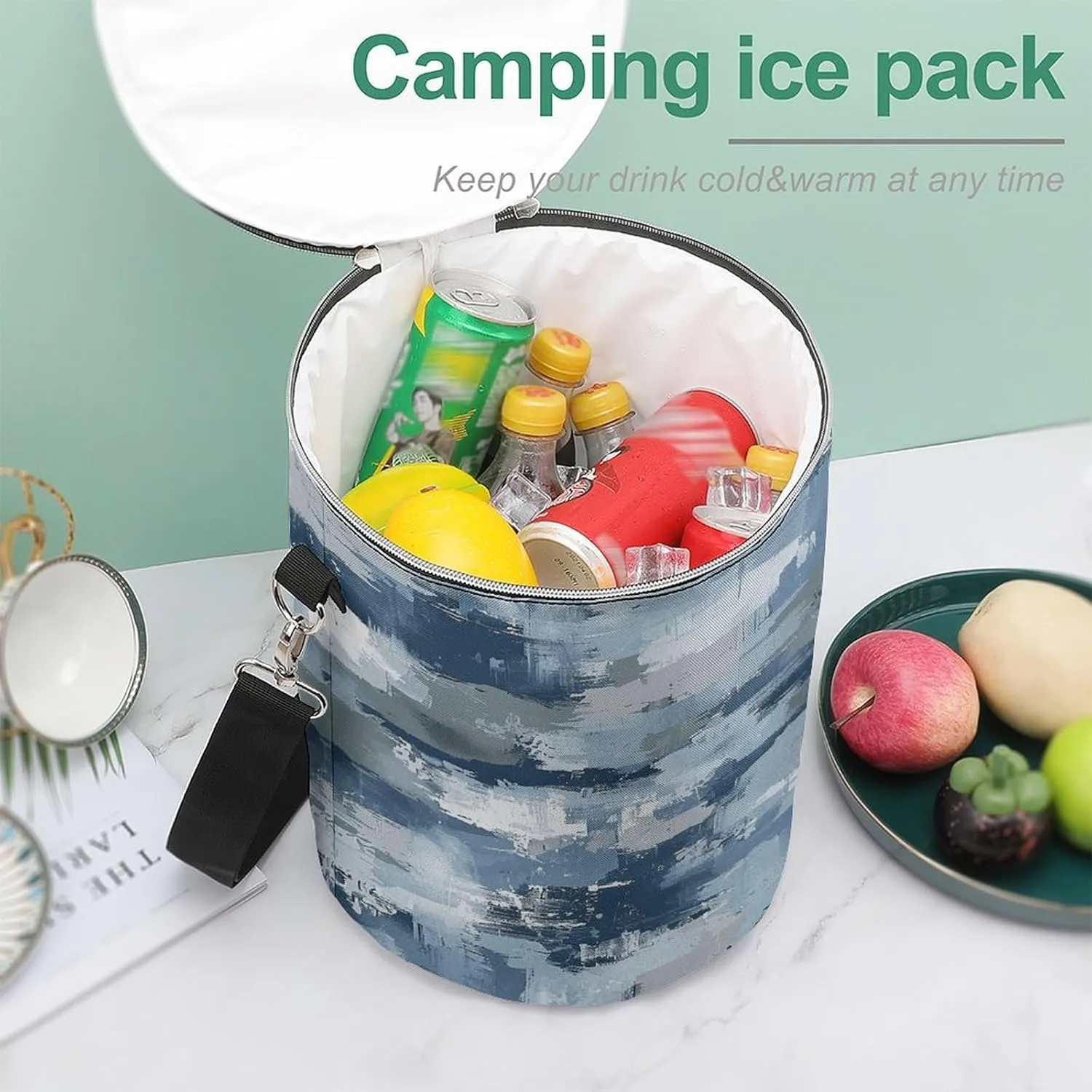 24 Cans Collapsible Soft Cooler Bag,Blue And Gray Pattern Large Leakproof Camping Cooler,Portable Travel Cooler for Picnic, Camping, Beach, Trip