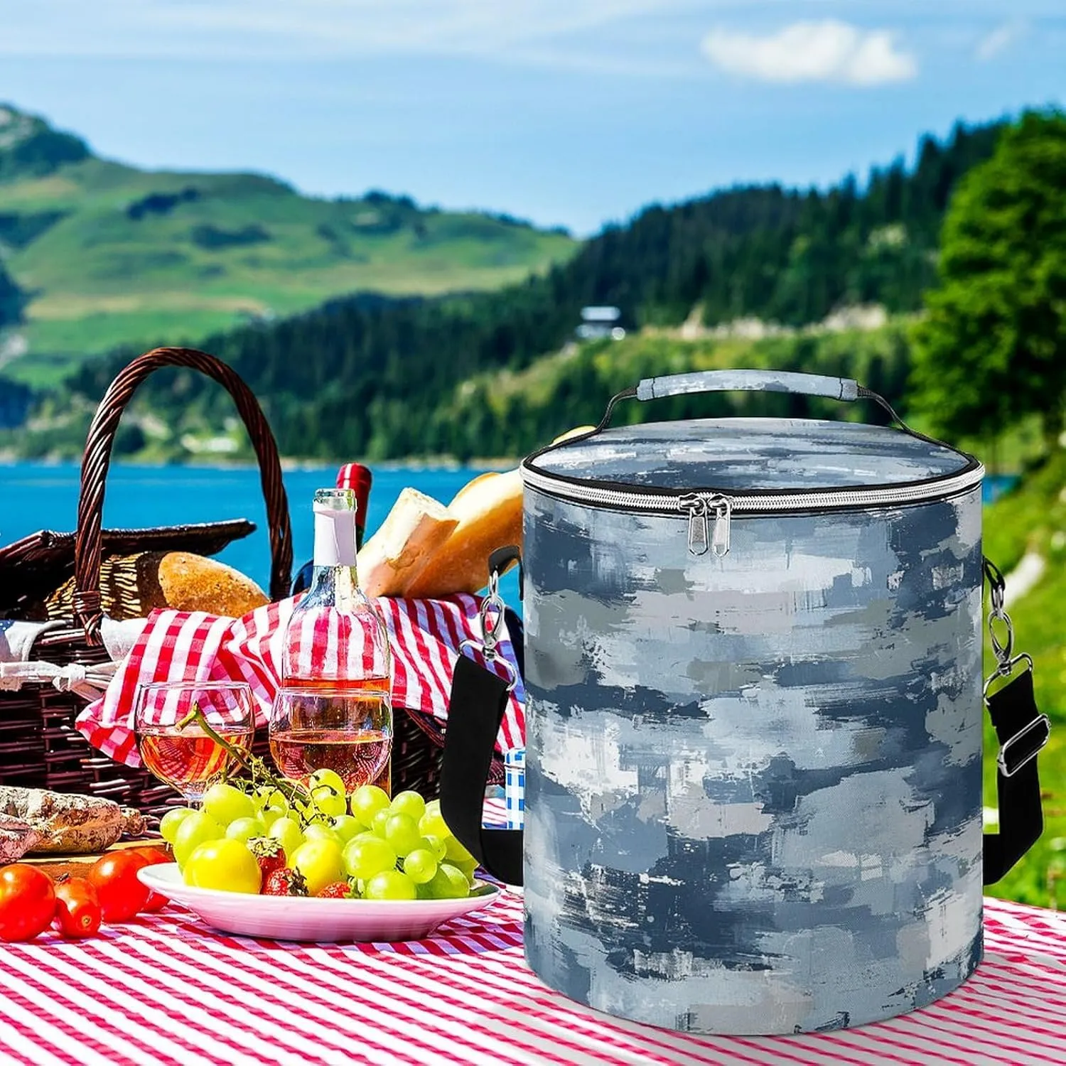 24 Cans Collapsible Soft Cooler Bag,Blue And Gray Pattern Large Leakproof Camping Cooler,Portable Travel Cooler for Picnic, Camping, Beach, Trip