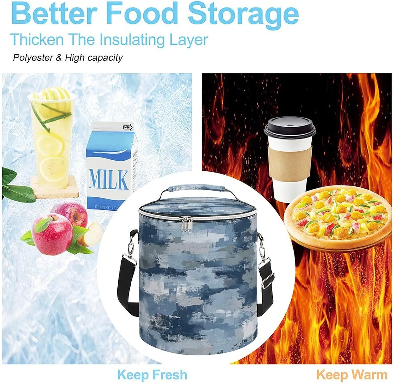 24 Cans Collapsible Soft Cooler Bag,Blue And Gray Pattern Large Leakproof Camping Cooler,Portable Travel Cooler for Picnic, Camping, Beach, Trip