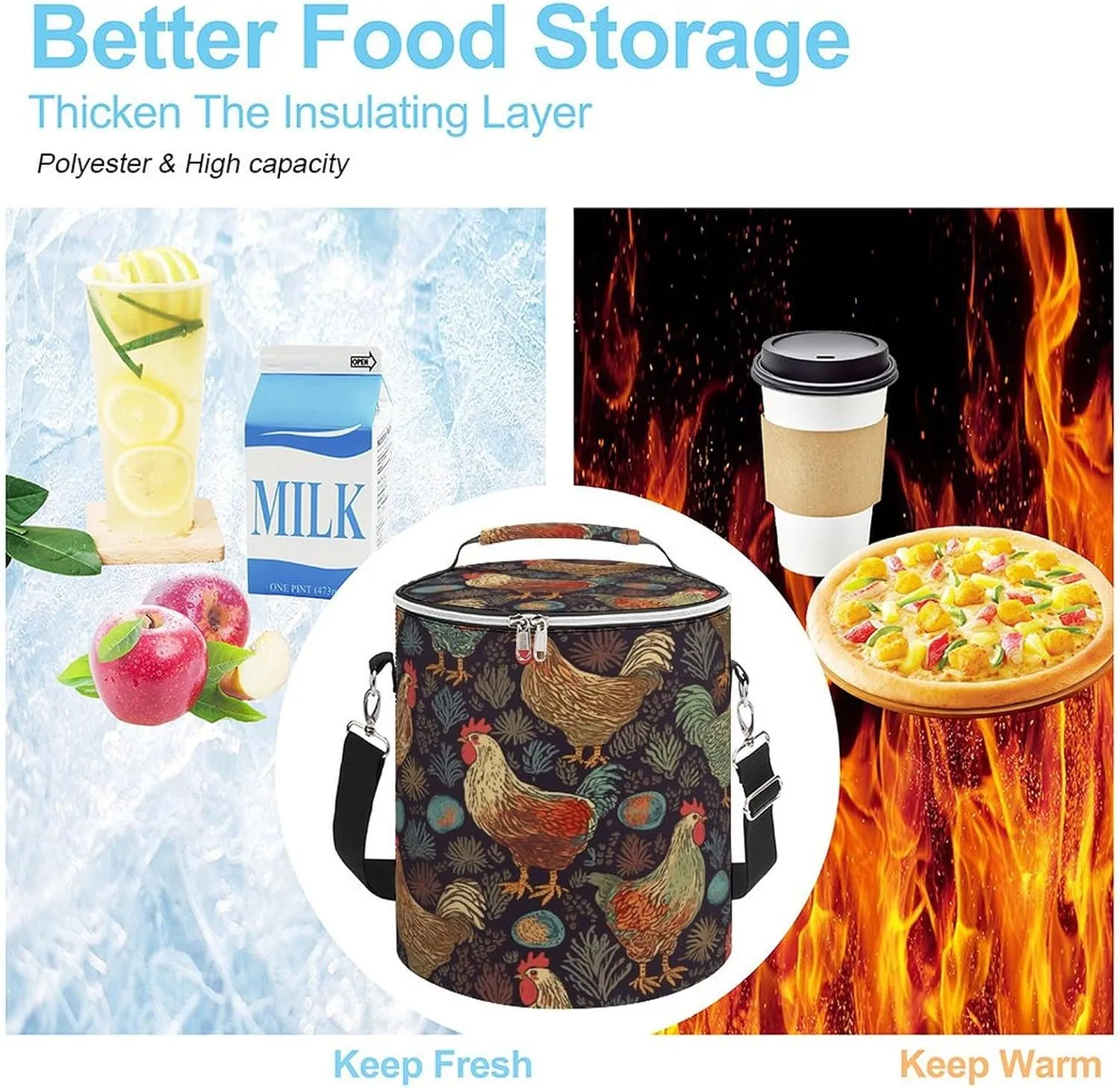 24 Cans Collapsible Soft Cooler Bag,Chicken Print Large Leakproof Camping Cooler,Portable Travel Cooler for Picnic, Camping, Beach, Trip