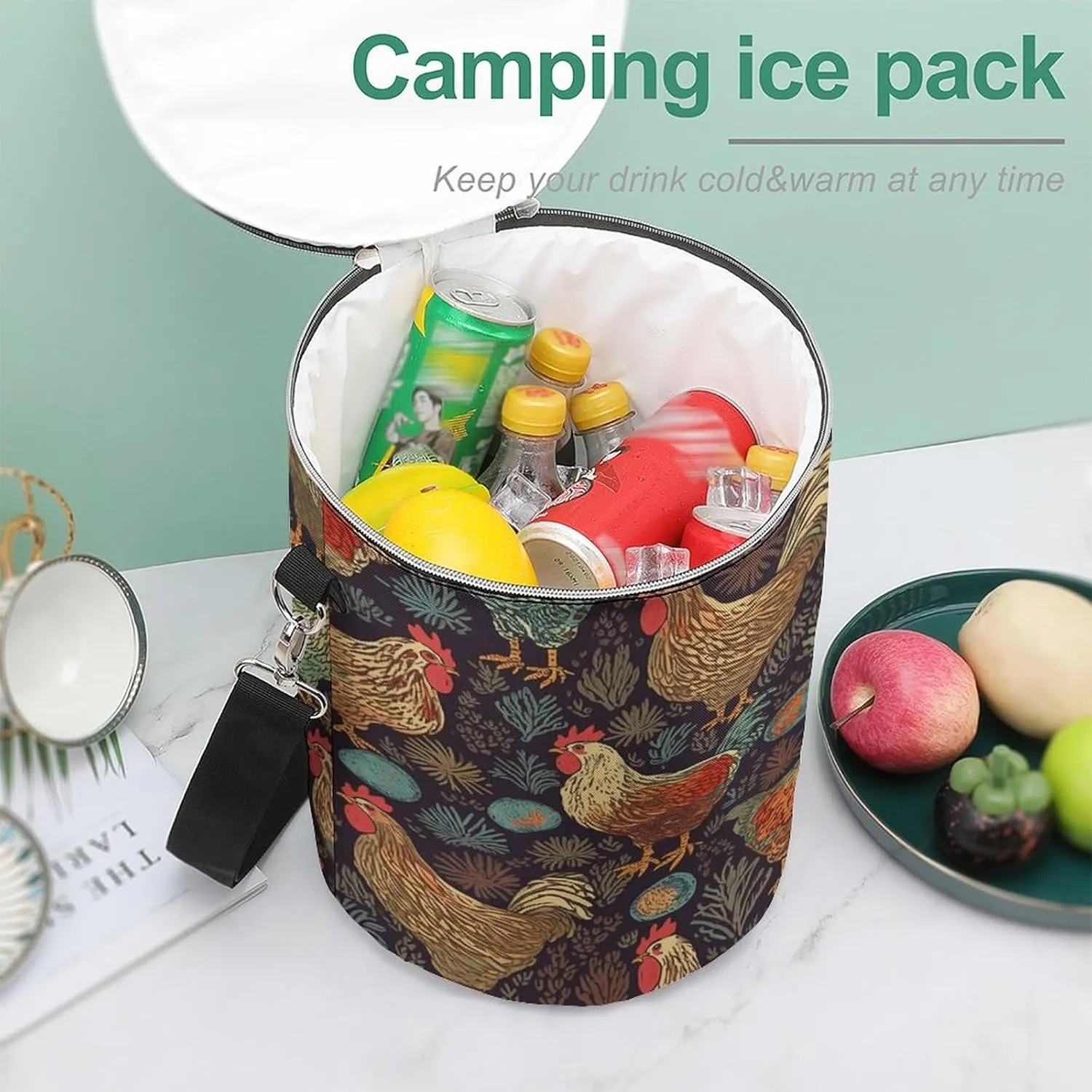 24 Cans Collapsible Soft Cooler Bag,Chicken Print Large Leakproof Camping Cooler,Portable Travel Cooler for Picnic, Camping, Beach, Trip