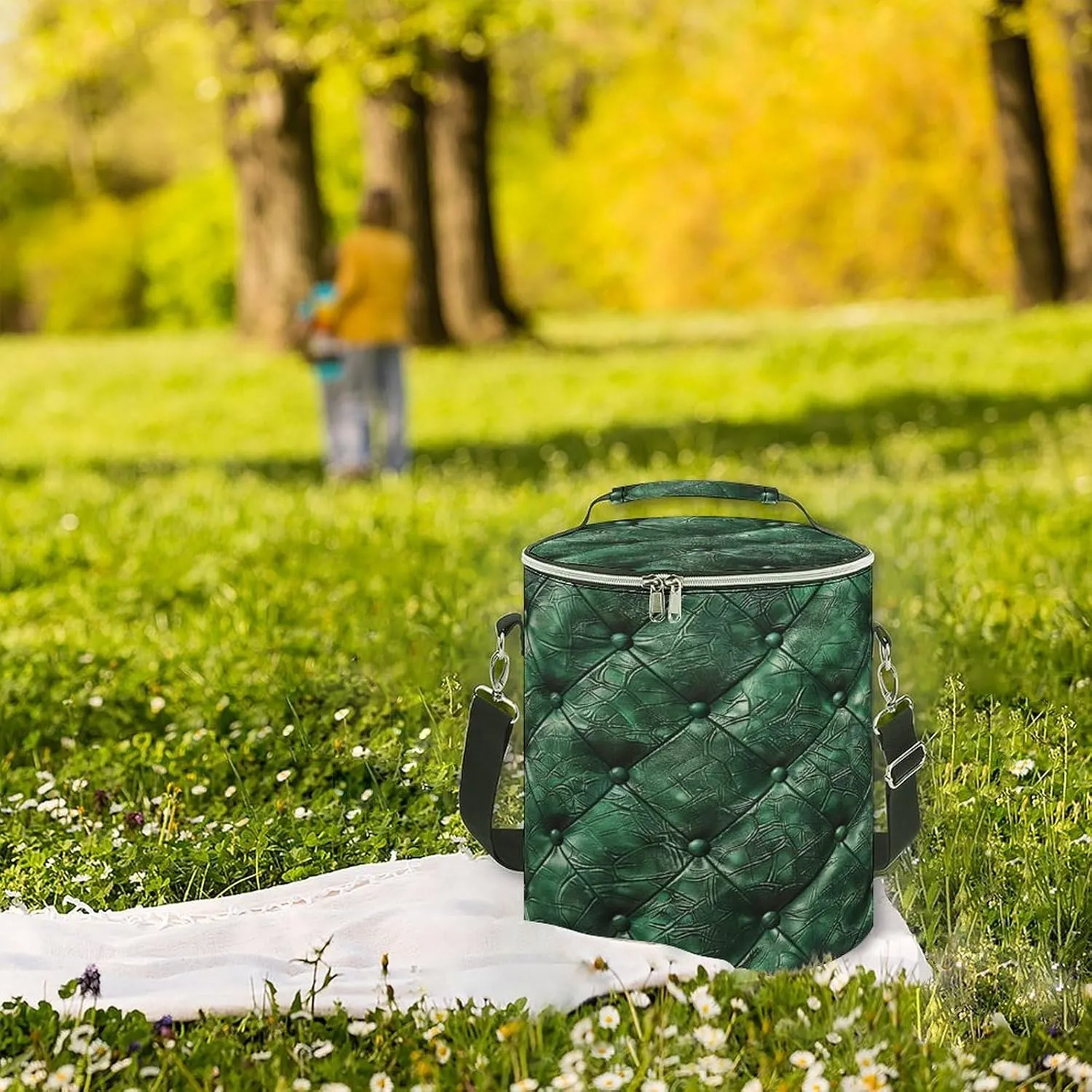 24 Cans Collapsible Soft Cooler Bag,Green Leather Texture Large Leakproof Camping Cooler,Portable Travel Cooler for Picnic, Camping, Beach, Trip