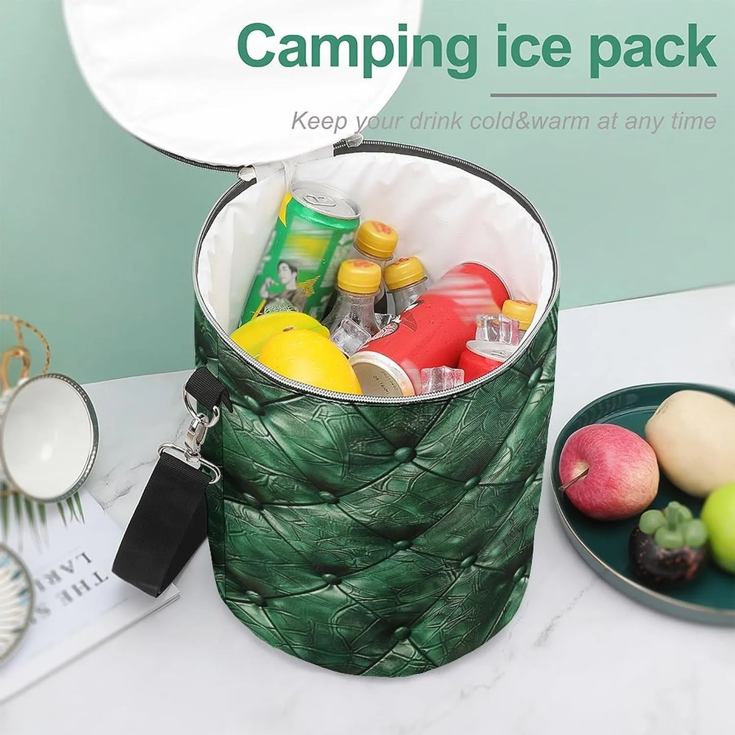 24 Cans Collapsible Soft Cooler Bag,Green Leather Texture Large Leakproof Camping Cooler,Portable Travel Cooler for Picnic, Camping, Beach, Trip