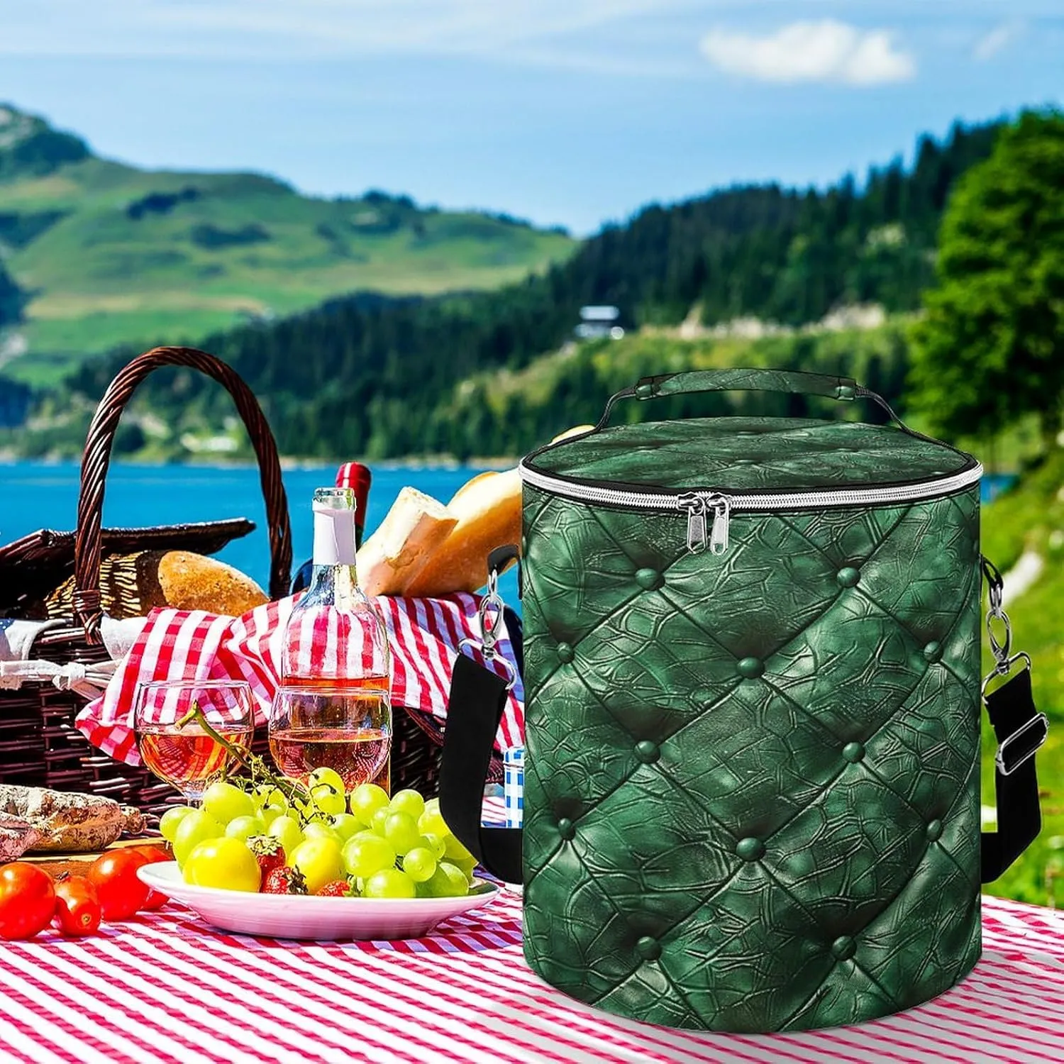 24 Cans Collapsible Soft Cooler Bag,Green Leather Texture Large Leakproof Camping Cooler,Portable Travel Cooler for Picnic, Camping, Beach, Trip