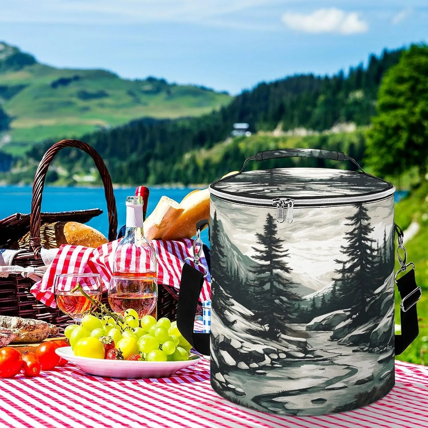 24 Cans Collapsible Soft Cooler Bag,Hand Drawn Two Pine Trees Large Leakproof Camping Cooler,Portable Travel Cooler for Picnic, Camping, Beach, Trip