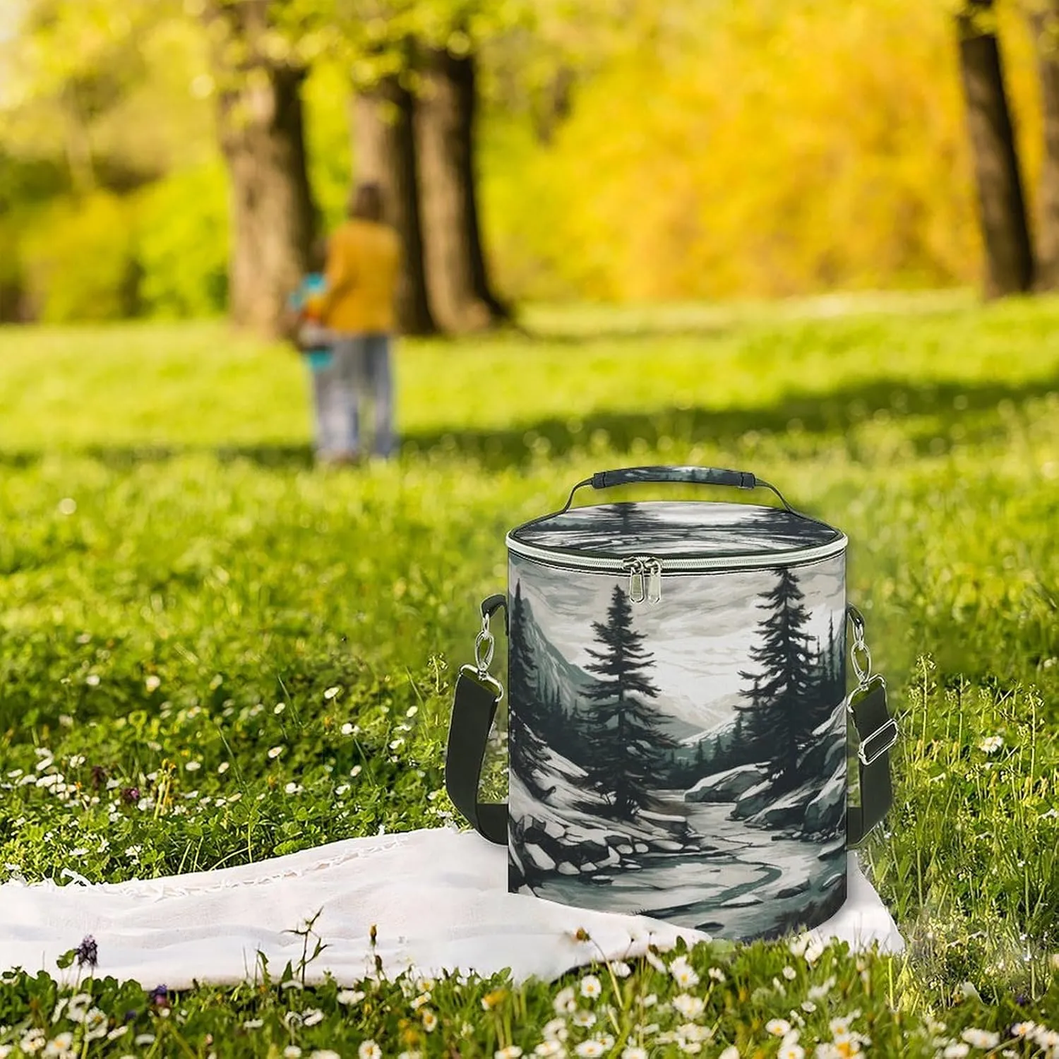 24 Cans Collapsible Soft Cooler Bag,Hand Drawn Two Pine Trees Large Leakproof Camping Cooler,Portable Travel Cooler for Picnic, Camping, Beach, Trip