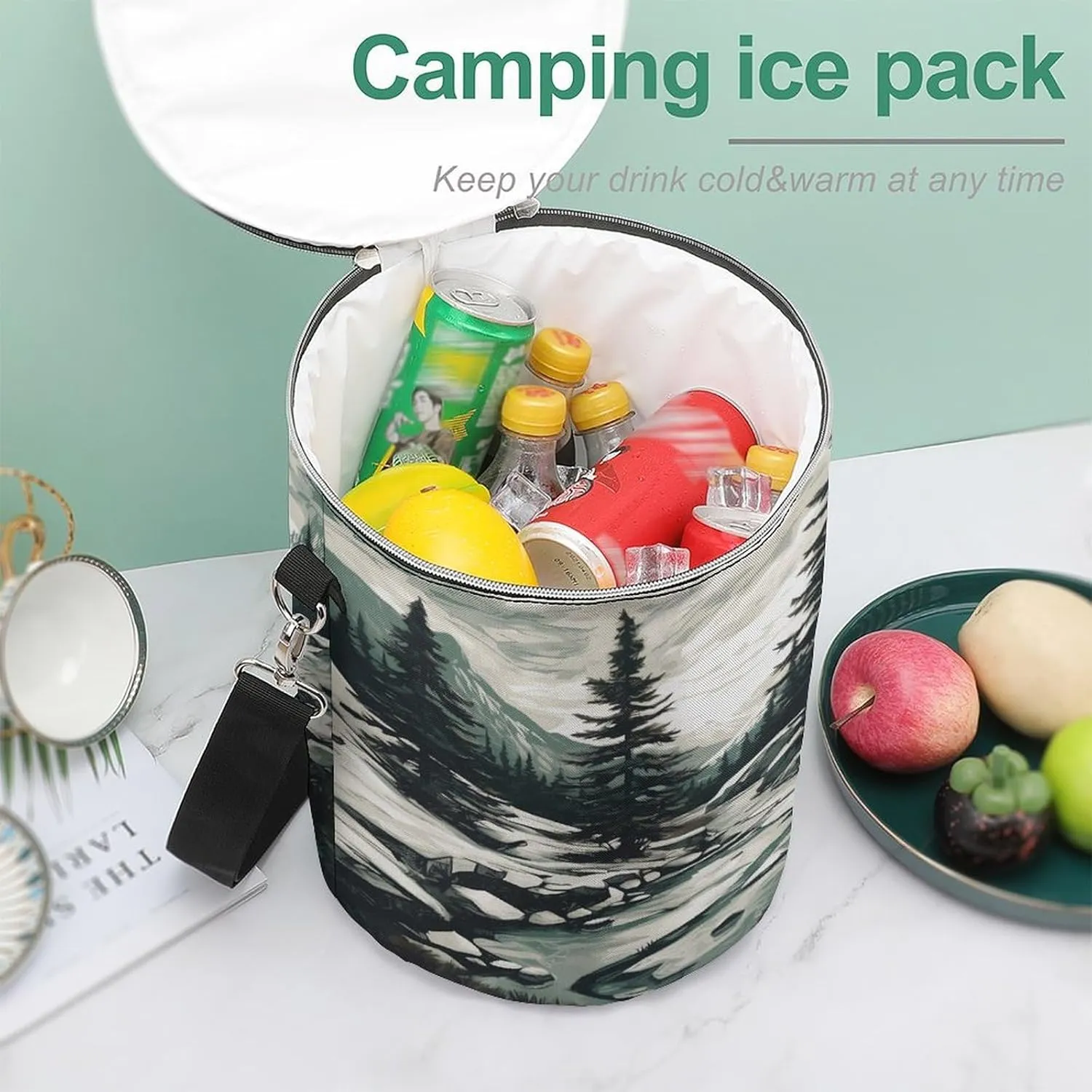24 Cans Collapsible Soft Cooler Bag,Hand Drawn Two Pine Trees Large Leakproof Camping Cooler,Portable Travel Cooler for Picnic, Camping, Beach, Trip