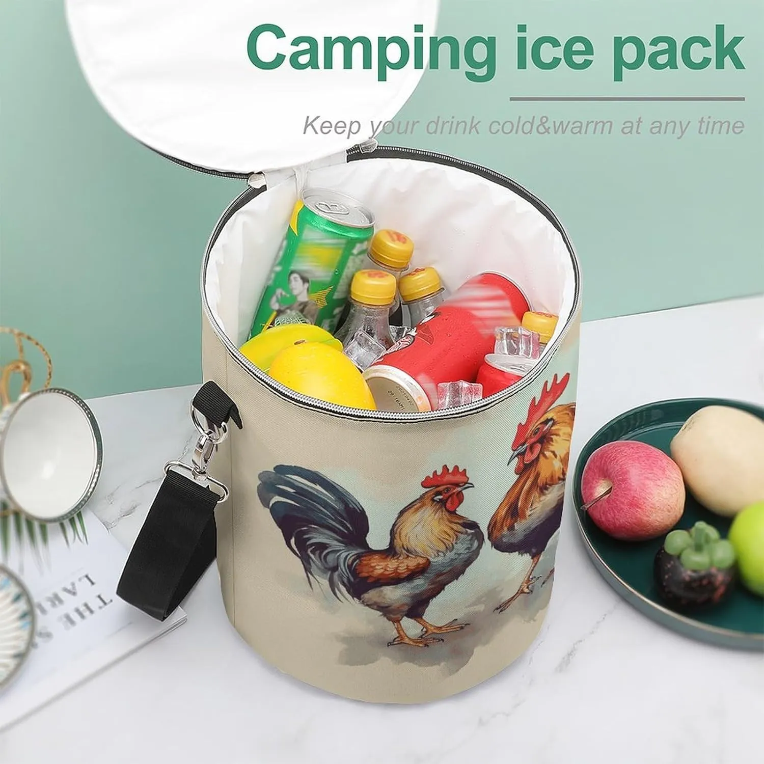 24 Cans Collapsible Soft Cooler Bag,Rooster And Hen Large Leakproof Camping Cooler,Portable Travel Cooler for Picnic, Camping, Beach, Trip