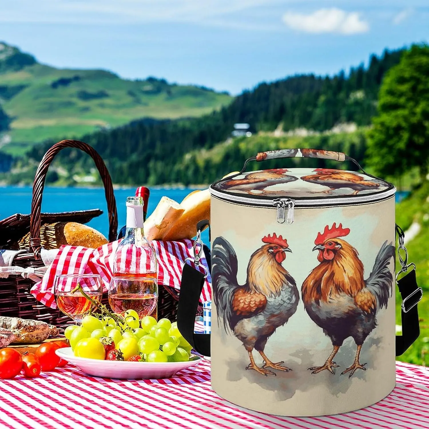 24 Cans Collapsible Soft Cooler Bag,Rooster And Hen Large Leakproof Camping Cooler,Portable Travel Cooler for Picnic, Camping, Beach, Trip