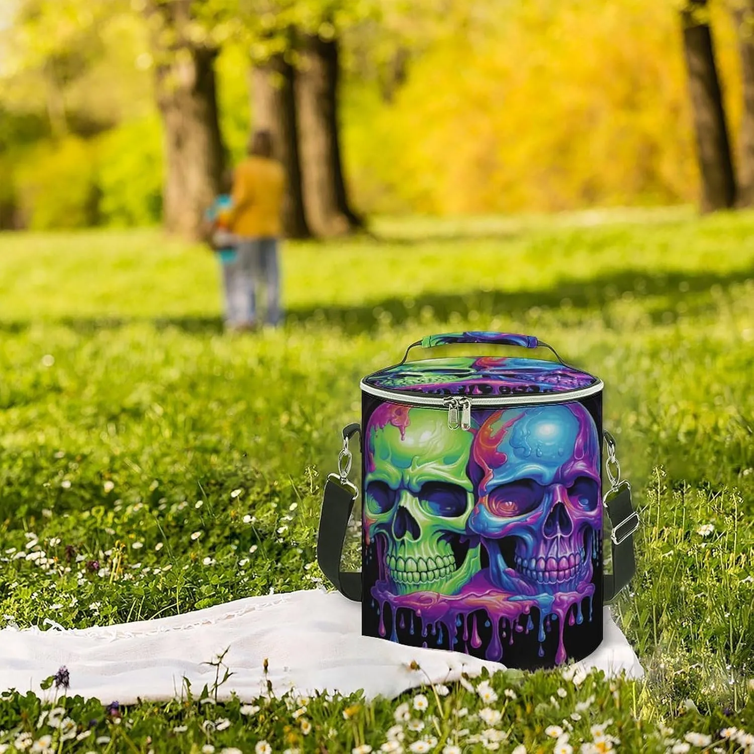 24 Cans Collapsible Soft Cooler Bag,Two Colorful Skulls Large Leakproof Camping Cooler,Portable Travel Cooler for Picnic, Camping, Beach, Trip