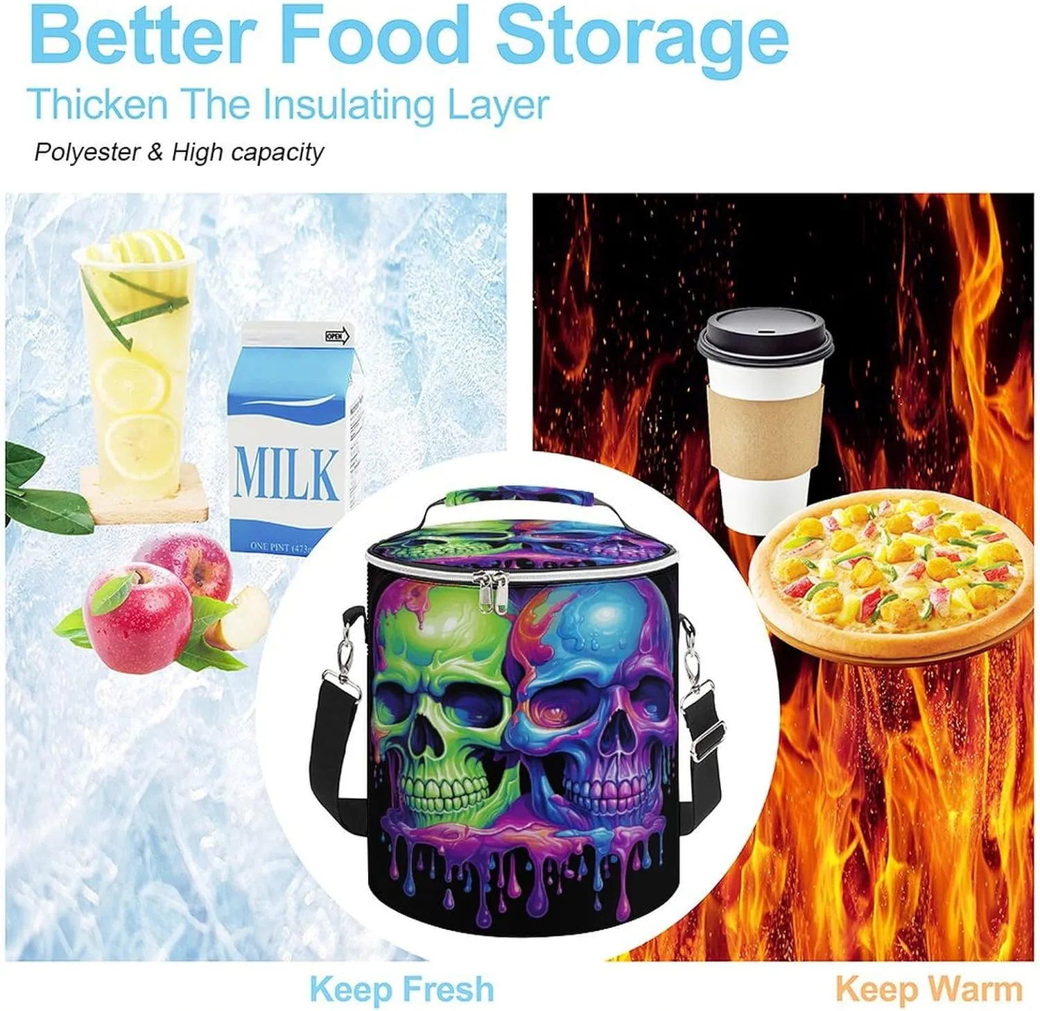24 Cans Collapsible Soft Cooler Bag,Two Colorful Skulls Large Leakproof Camping Cooler,Portable Travel Cooler for Picnic, Camping, Beach, Trip