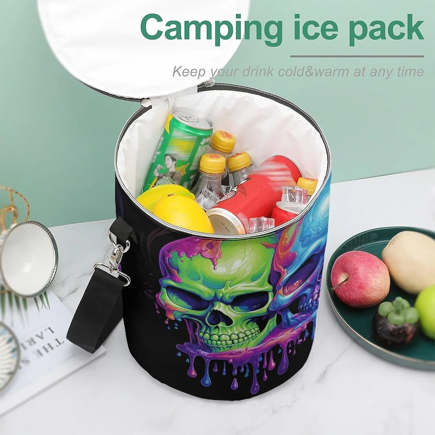 24 Cans Collapsible Soft Cooler Bag,Two Colorful Skulls Large Leakproof Camping Cooler,Portable Travel Cooler for Picnic, Camping, Beach, Trip