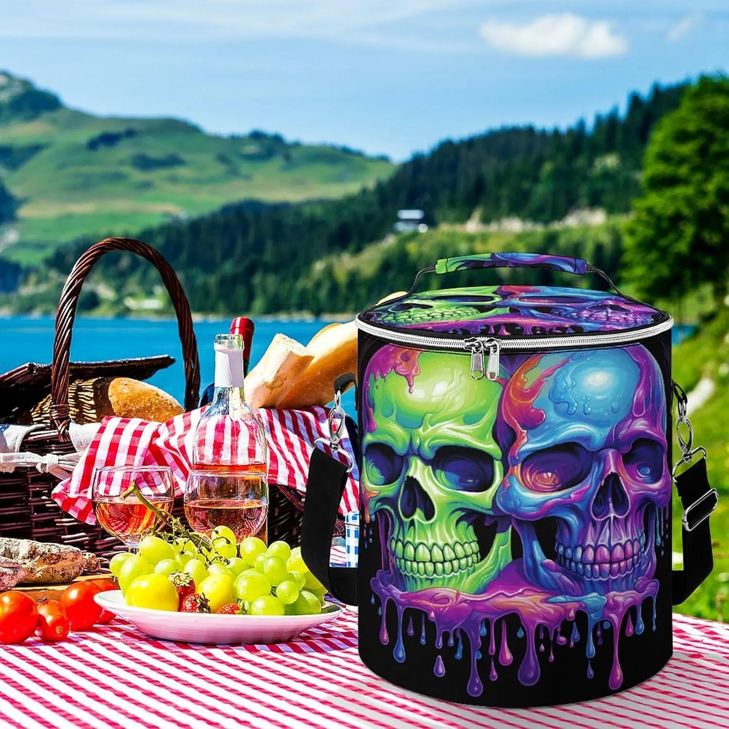 24 Cans Collapsible Soft Cooler Bag,Two Colorful Skulls Large Leakproof Camping Cooler,Portable Travel Cooler for Picnic, Camping, Beach, Trip