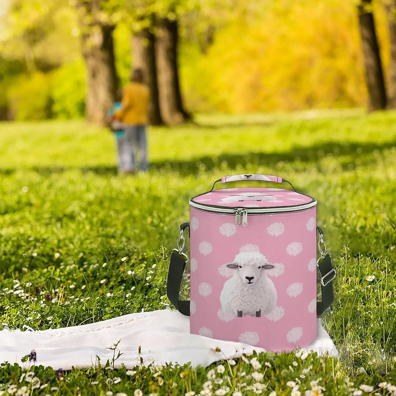 24 Cans Collapsible Soft Cooler Bag,White Sheep on Background Large Leakproof Camping Cooler,Portable Travel Cooler for Picnic, Camping, Beach, Trip