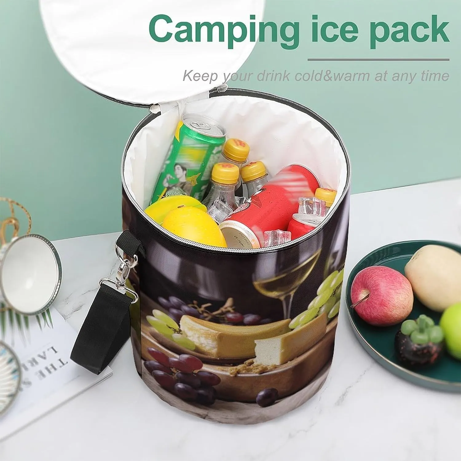 24 Cans Collapsible Soft Cooler Bag,White Wine Cheese Cake Grapes Large Leakproof Camping Cooler,Portable Travel Cooler for Picnic, Camping, Beach, Trip