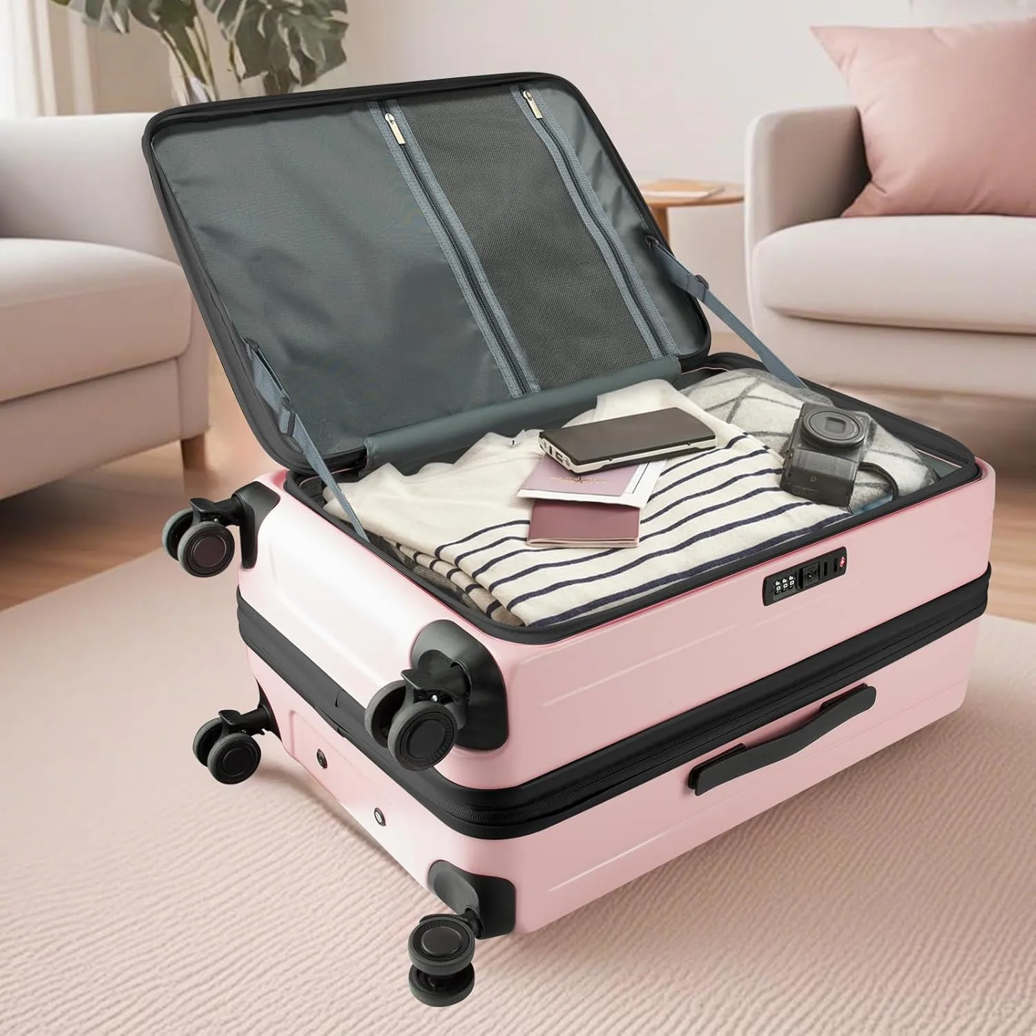 24-inch Top Opening Luggage with 360° Silent Wheels, TSA Lock, Collapsible Cup Holder & Bag Hook - Lightweight Hardshell Suitcase for Business Travel & Vacation(Pink)