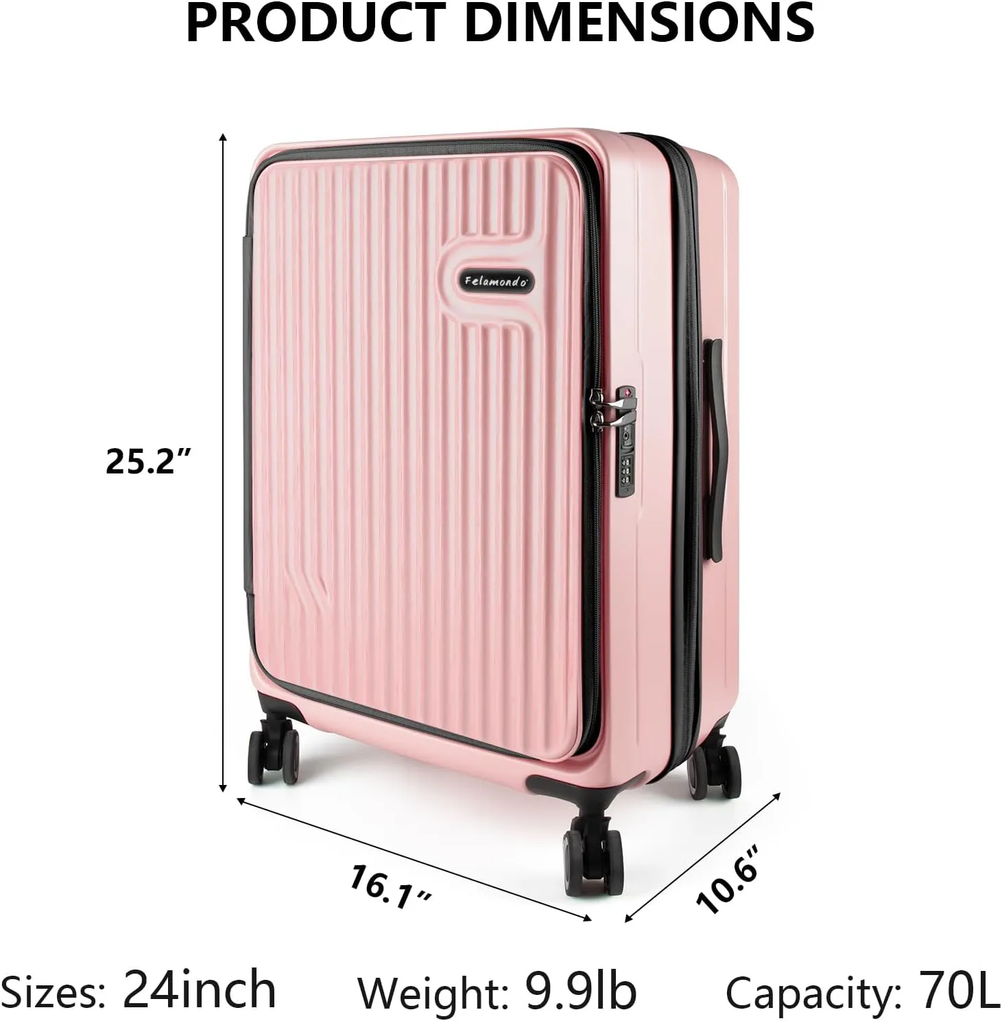 24-inch Top Opening Luggage with 360° Silent Wheels, TSA Lock, Collapsible Cup Holder & Bag Hook - Lightweight Hardshell Suitcase for Business Travel & Vacation(Pink)