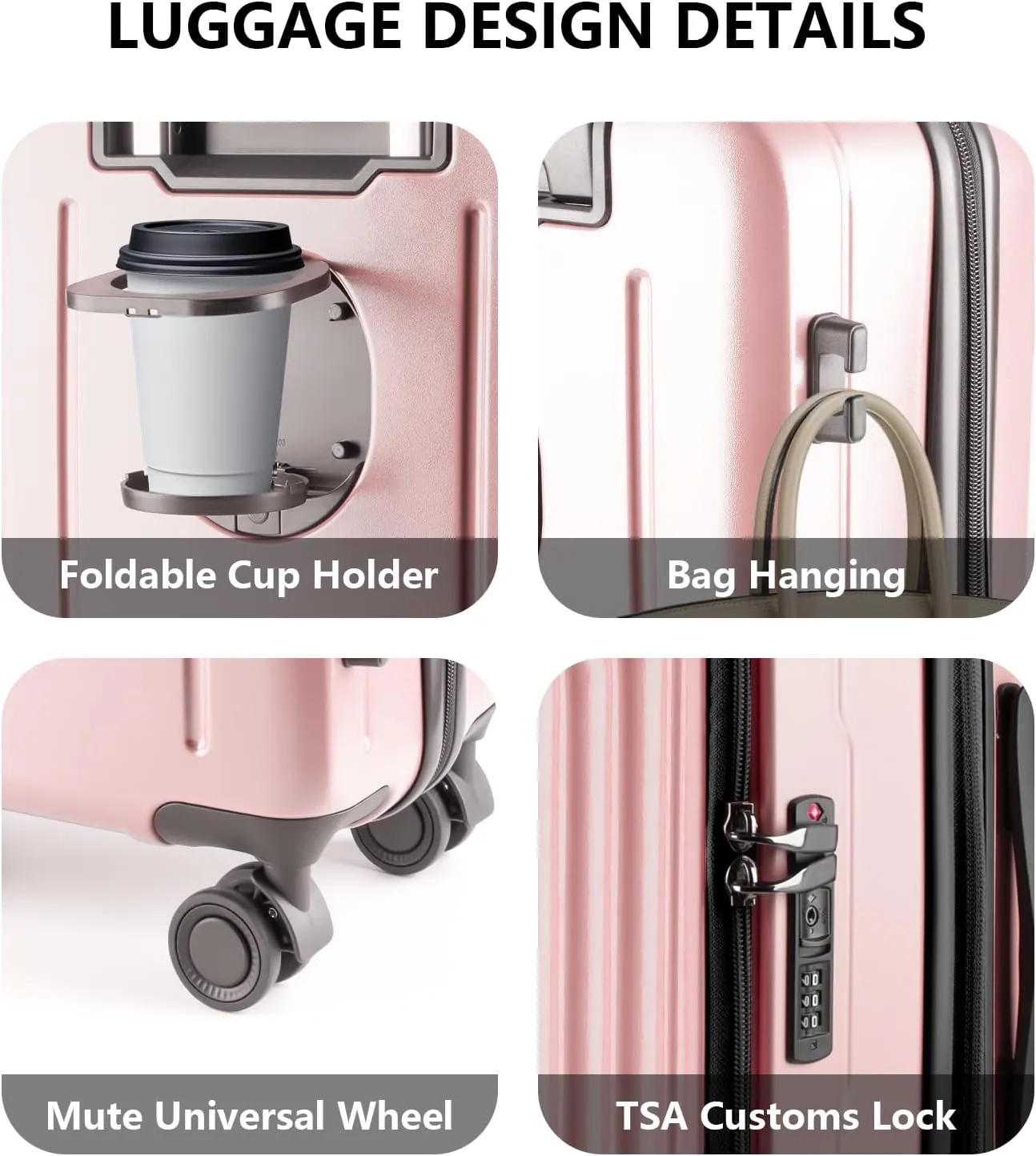 24-inch Top Opening Luggage with 360° Silent Wheels, TSA Lock, Collapsible Cup Holder & Bag Hook - Lightweight Hardshell Suitcase for Business Travel & Vacation(Pink)